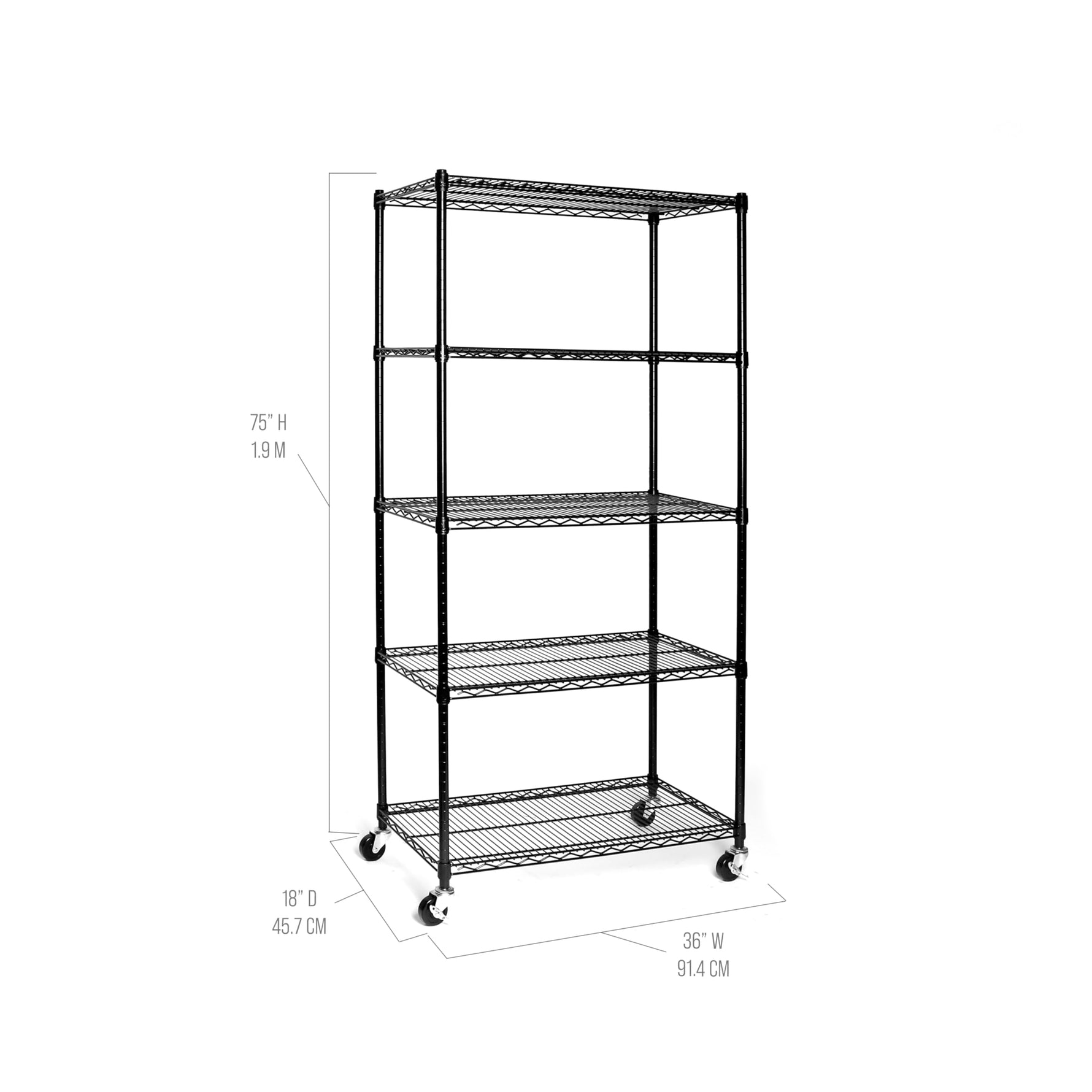 UltraDurable 5-Tier NSF Steel Wire Shelving, 48"W x 24"D x 76"H, Black | Heavy-duty commercial-grade solid steel wire storage rack featuring 800 pounds per shelf weight capacity