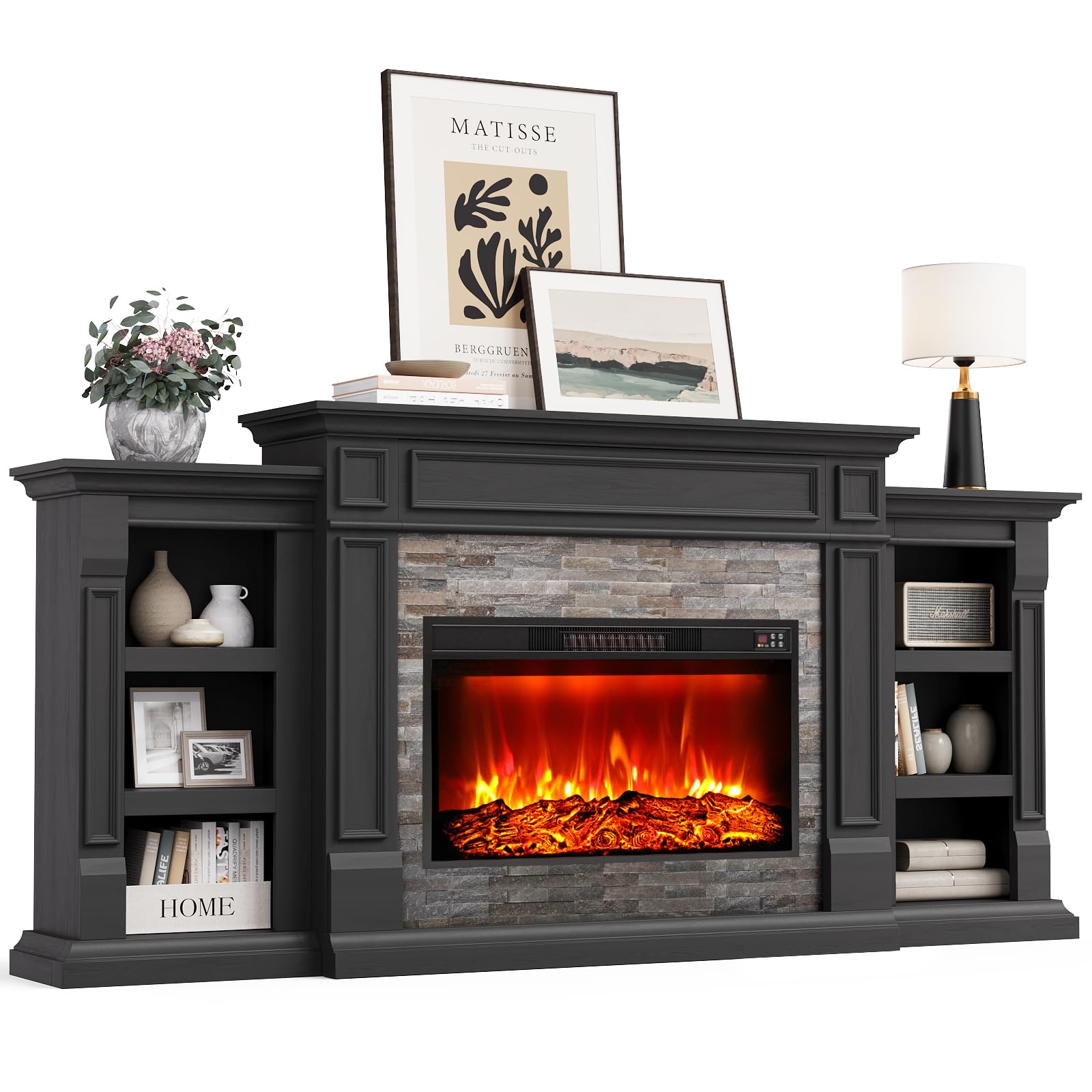 Naice 72" Electric Fireplace with Mantel and Cabinets, Fireplace TV Stand for Living Room Bedroom, Stacked Stone Surround and Remote Control 3D Realistic Flame, Black