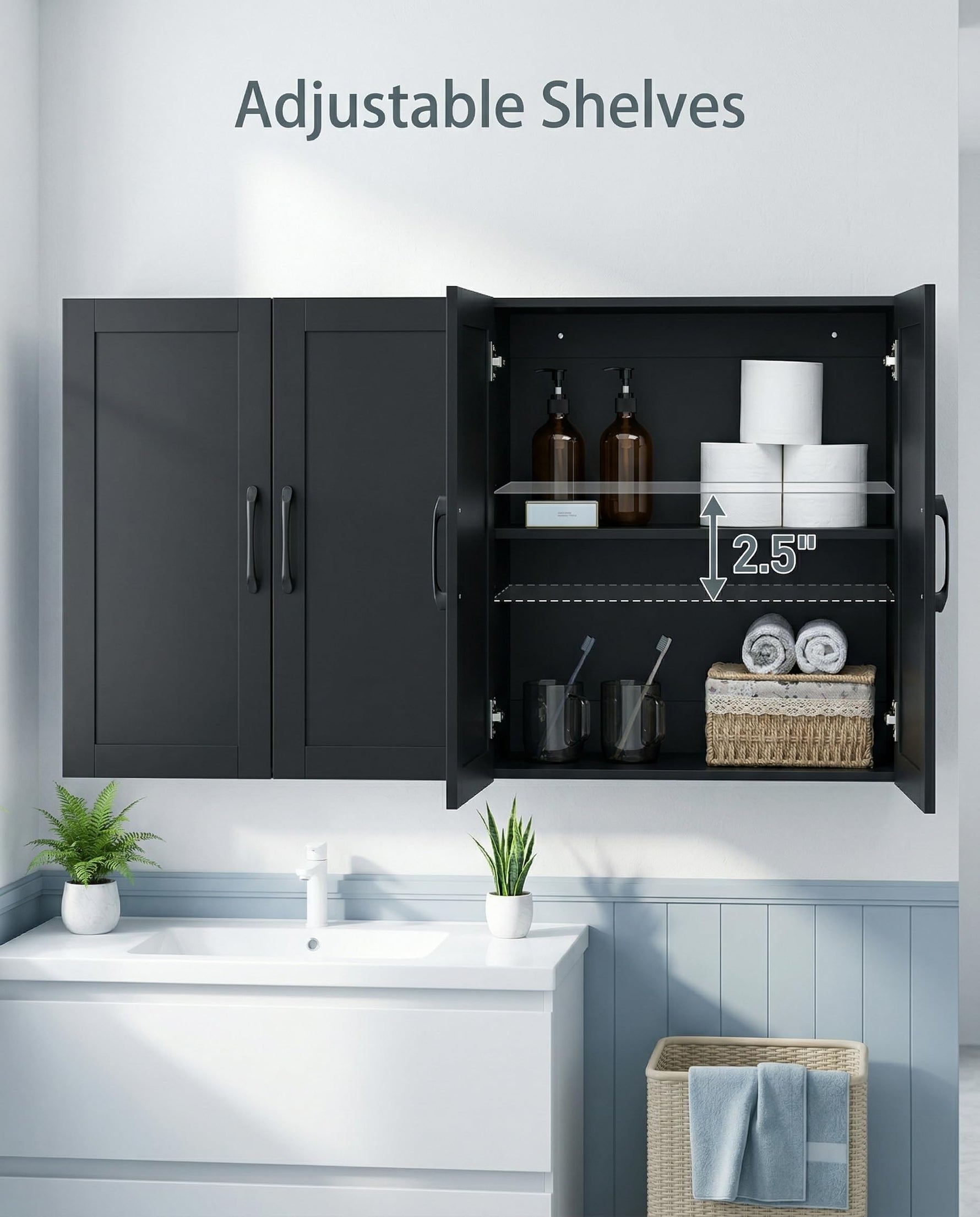 Wall Cabinet with Adjustable Shelves, Laundry Room Cabinet with 4 Doors, Kitchen Storage Cupboard Cabinet, Wall Mount Medicine Cabinet for Bathroom, Living Room, White