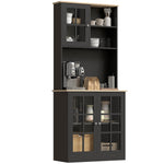 HOMCOM Kitchen Pantry Storage Cabinet, 72" Freestanding Cabinet with Hutch, Large Countertop, Glass Doors and Adjustable Shelves for Dining Room, Black