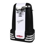 Nostalgia Retro Electric Can Opener for Kitchen with Magnetic Lid Remover, Knife Sharpener, and Soda or Beer Bottle Opener, Black
