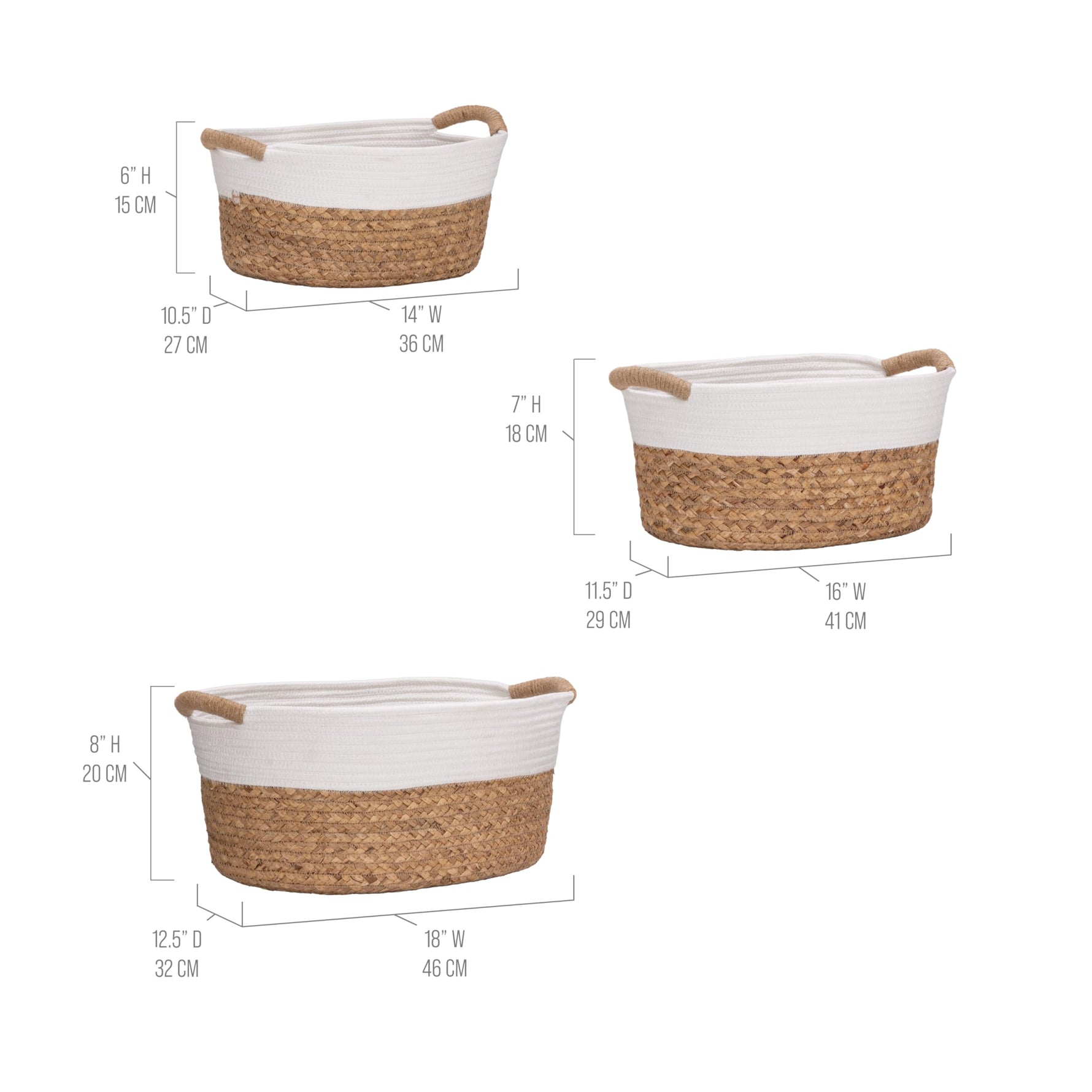 Seville Classics Premium Natural Handwoven Portable Laundry Bin Basket with Carrying Handles, Household Storage for Clothes, Linens, Sheets, Natural Water Hyacinth and Gray Rope, 3 Piece Set