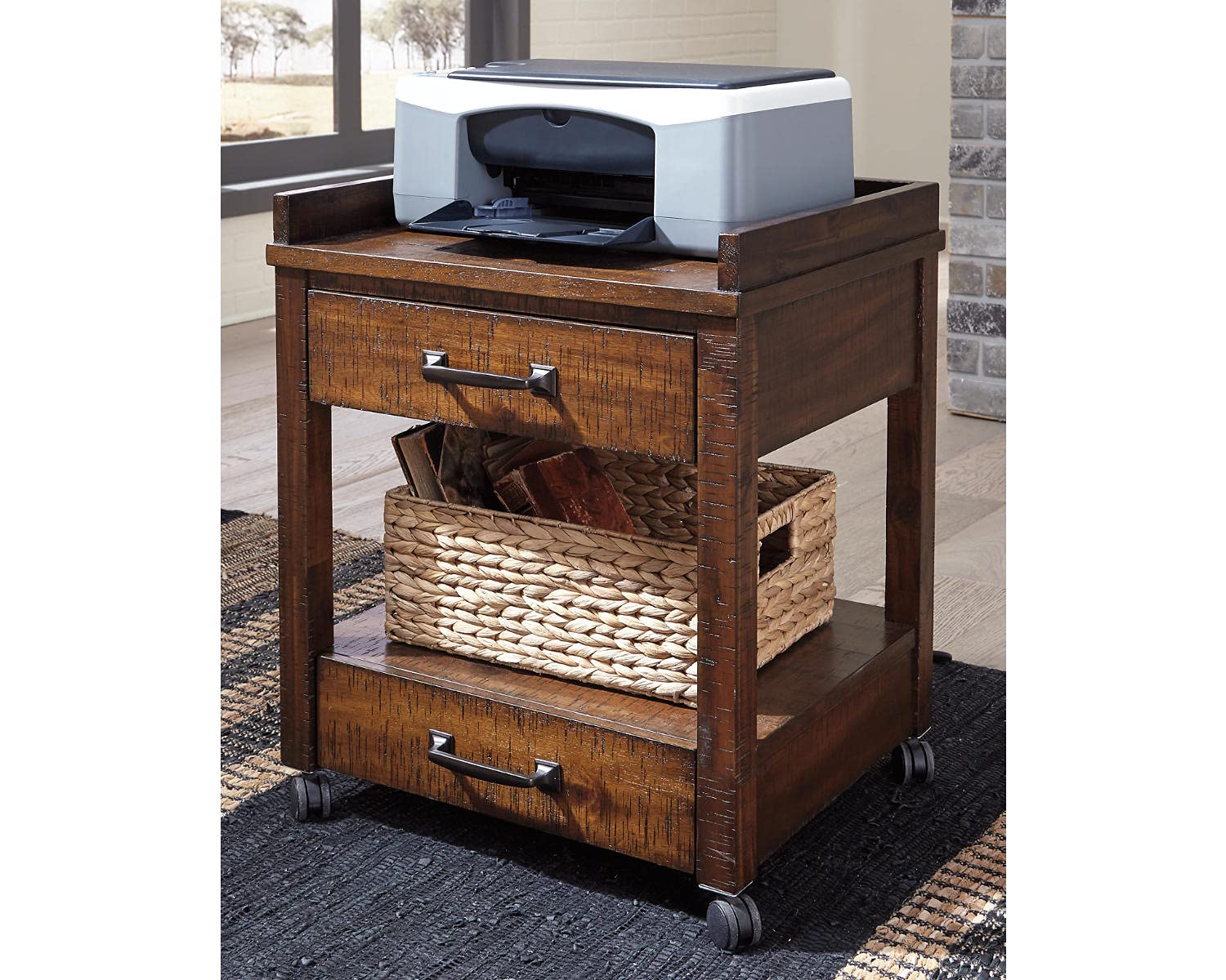 Signature Design by Ashley Baldridge Office Printer Stand, Storage, Electrical Outlets, USB Charing Ports, Wood, 21" W x 18" D x 24.63" H, Brown