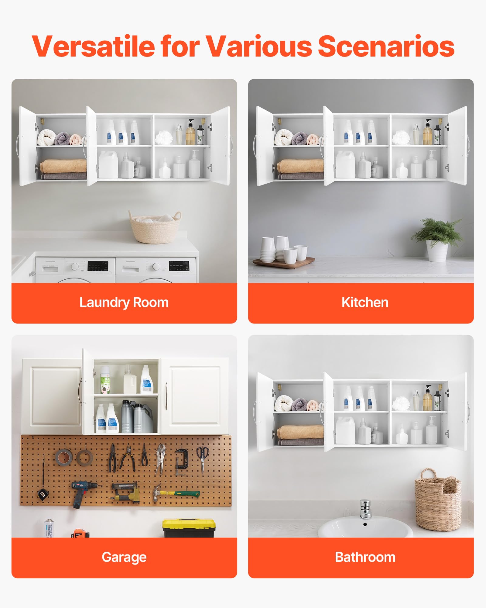 VEVOR Laundry Room Wall Cabinet, 2-Tier Wall Mounted Hanging Cabinet with Adjustable Shelf, Cupboard Storage with 2 Doors, for Kitchen, Bathroom, Laundry, 11.8 x 23.6 x 23.6 in (D x W x H), White