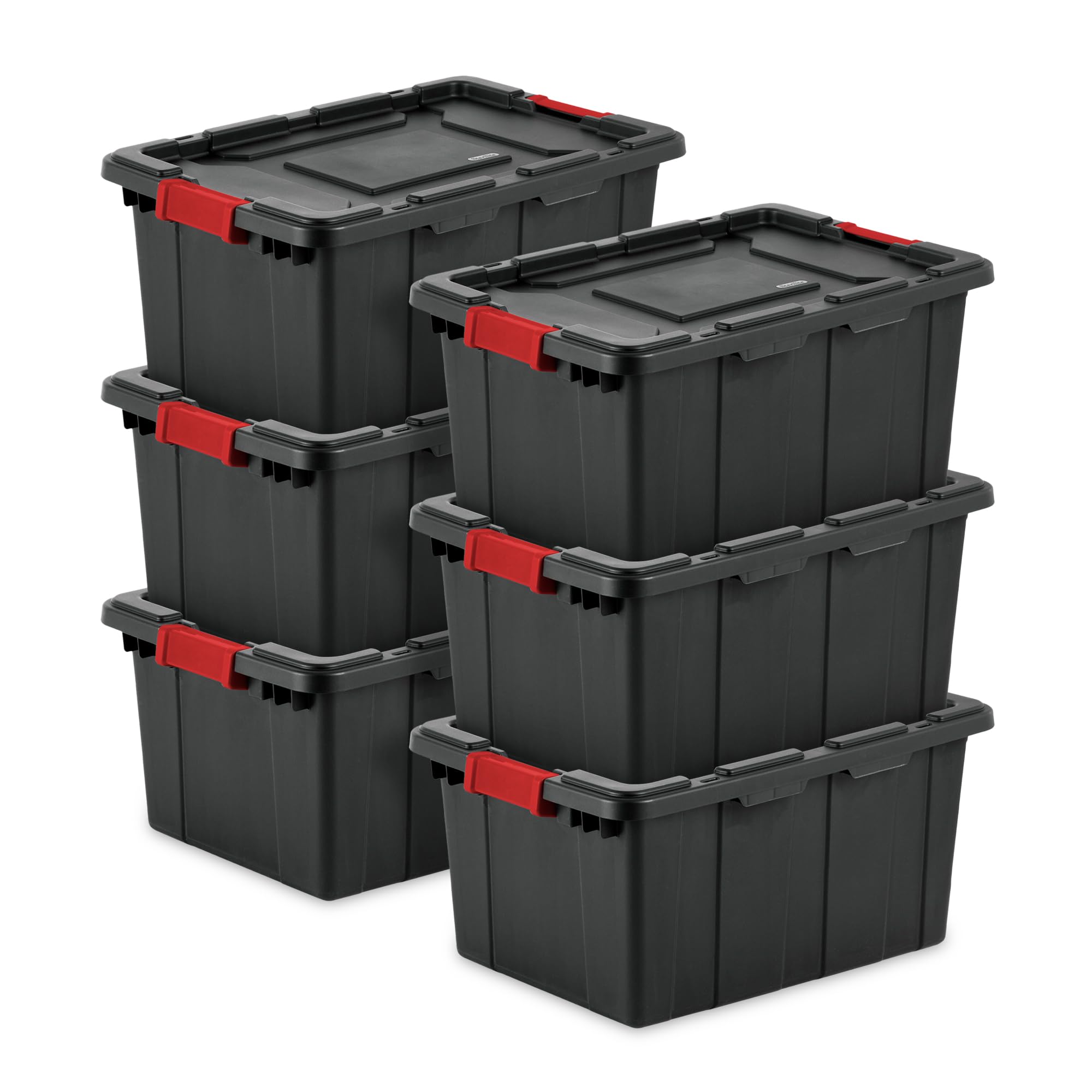 Sterilite 6-Pack Industrial Tote, Plastic Storage Bins with Lids, 15 Gallon, Black - Heavy-Duty Organizing Containers for Closet, Bathroom, and Office
