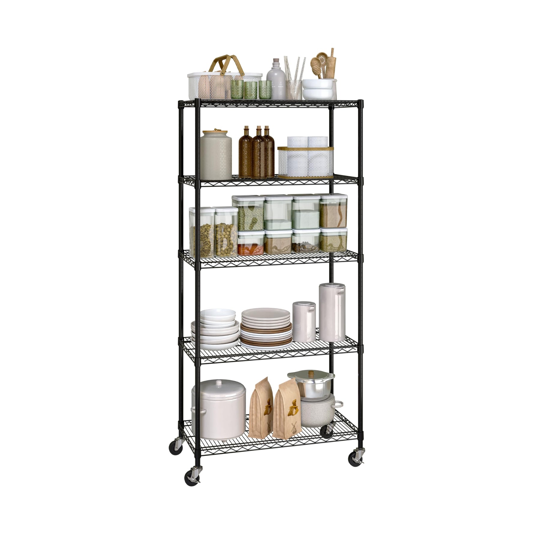 UltraDurable 5-Tier NSF Steel Wire Shelving, 48"W x 24"D x 76"H, Black | Heavy-duty commercial-grade solid steel wire storage rack featuring 800 pounds per shelf weight capacity