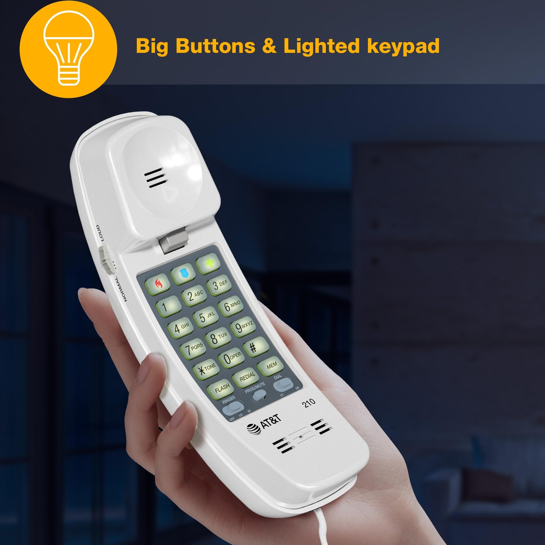 AT&T 210 Basic Trimline Corded Phone, No AC Power Required, Wall-Mountable, White