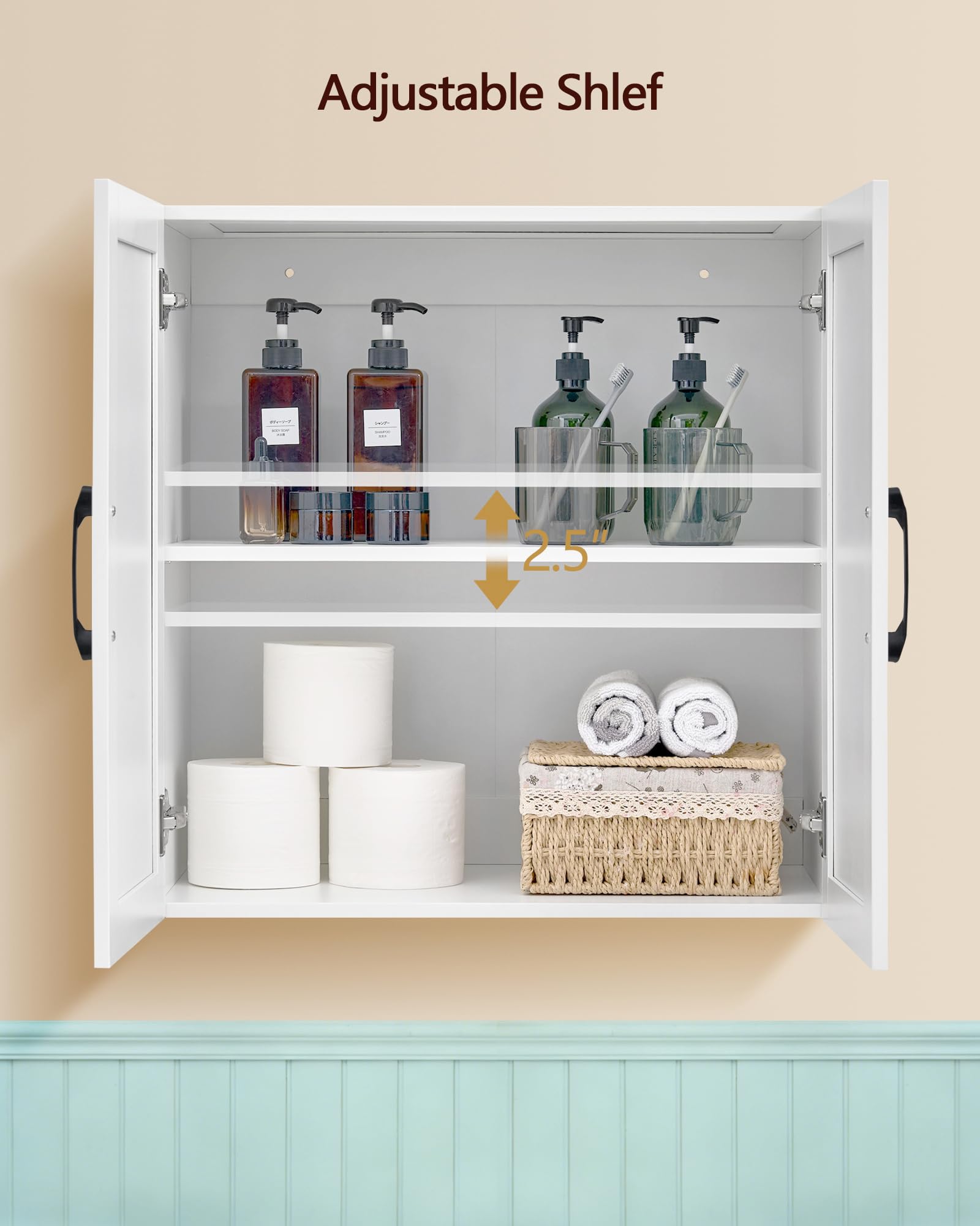 Wall Cabinet with Adjustable Shelves, Laundry Room Cabinet with 4 Doors, Kitchen Storage Cupboard Cabinet, Wall Mount Medicine Cabinet for Bathroom, Living Room, White