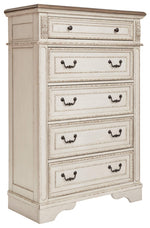 Signature Design by Ashley Realyn French Country 5 Drawer Chest, Tipover Restraint Device, 2-tone Finish, Wood, 40.13" W x 18.13" D x 58.13" H, Chipped White