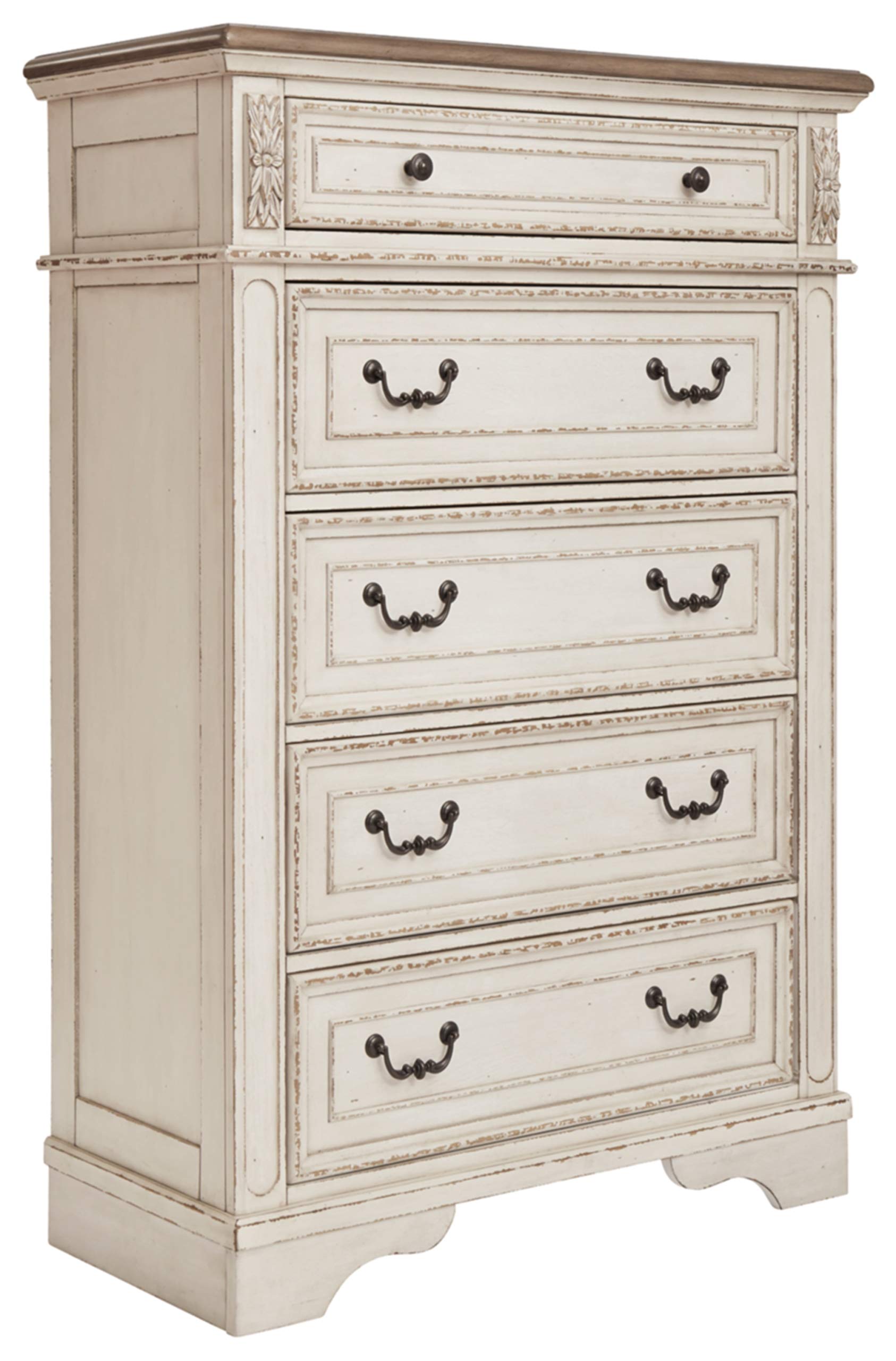 Signature Design by Ashley Realyn French Country 5 Drawer Chest, Tipover Restraint Device, 2-tone Finish, Wood, 40.13" W x 18.13" D x 58.13" H, Chipped White