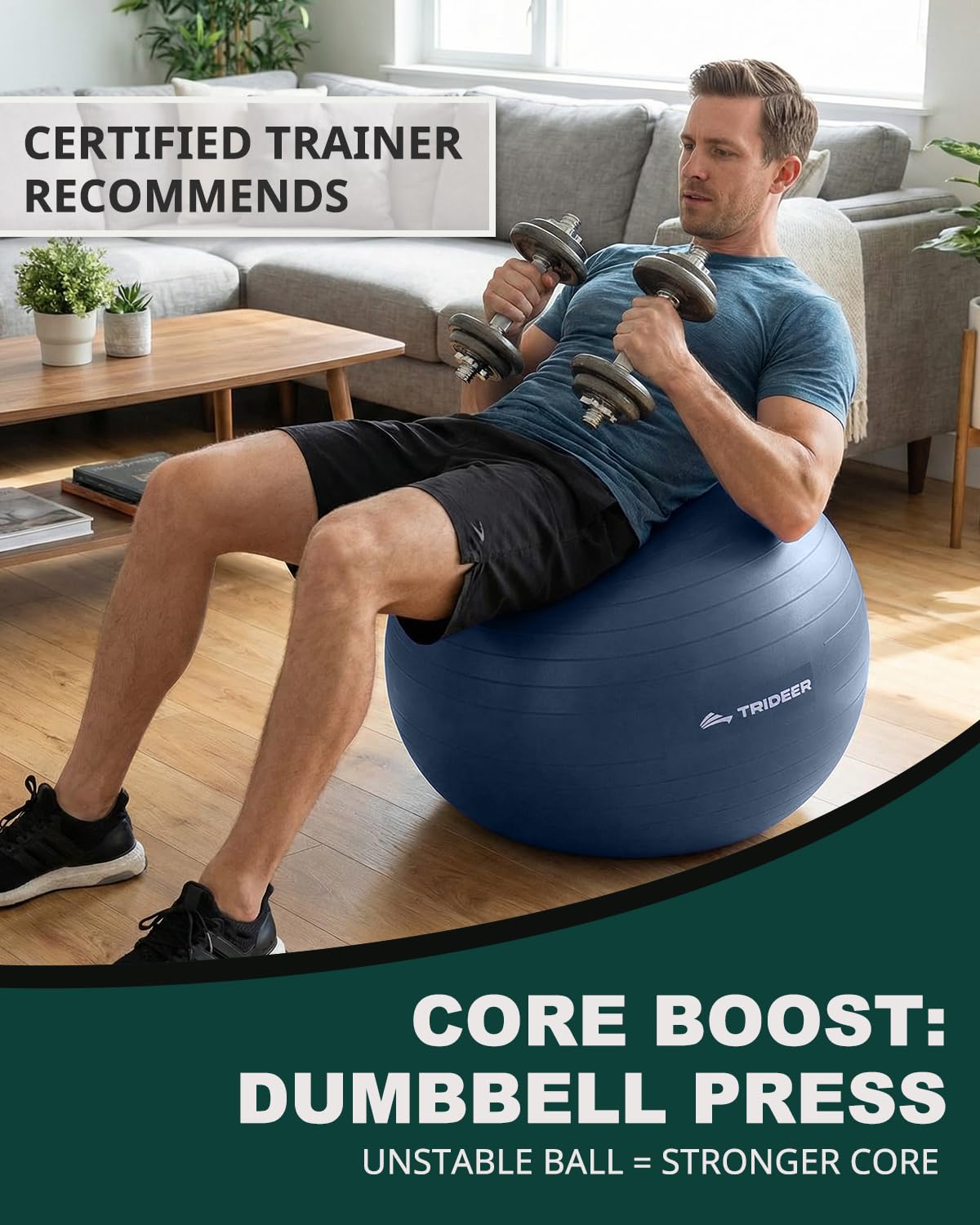 Trideer Exercise Ball for Yoga, Pilates & Fitness – Stability Ball Equipment for Home Gym & Office Chair, Core & Balance Training Accessories, Physical Therapy Equipment, Quick Pump Included, 5 Sizes
