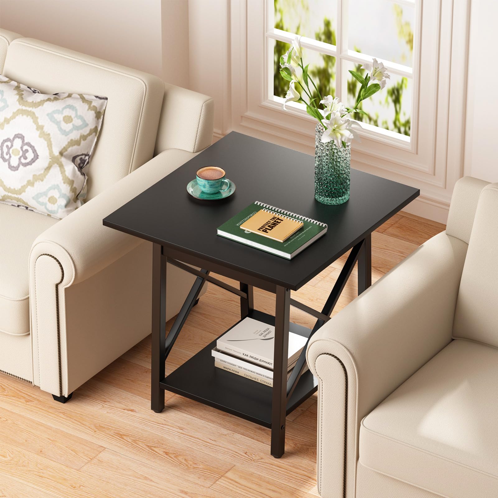 GreenForest End Table 24 inch for Living Room, Large Square Side Tables with X-Frame, Tall Industrial Bedside Nightstand with 2-Tier Storage, Rustic Walnut
