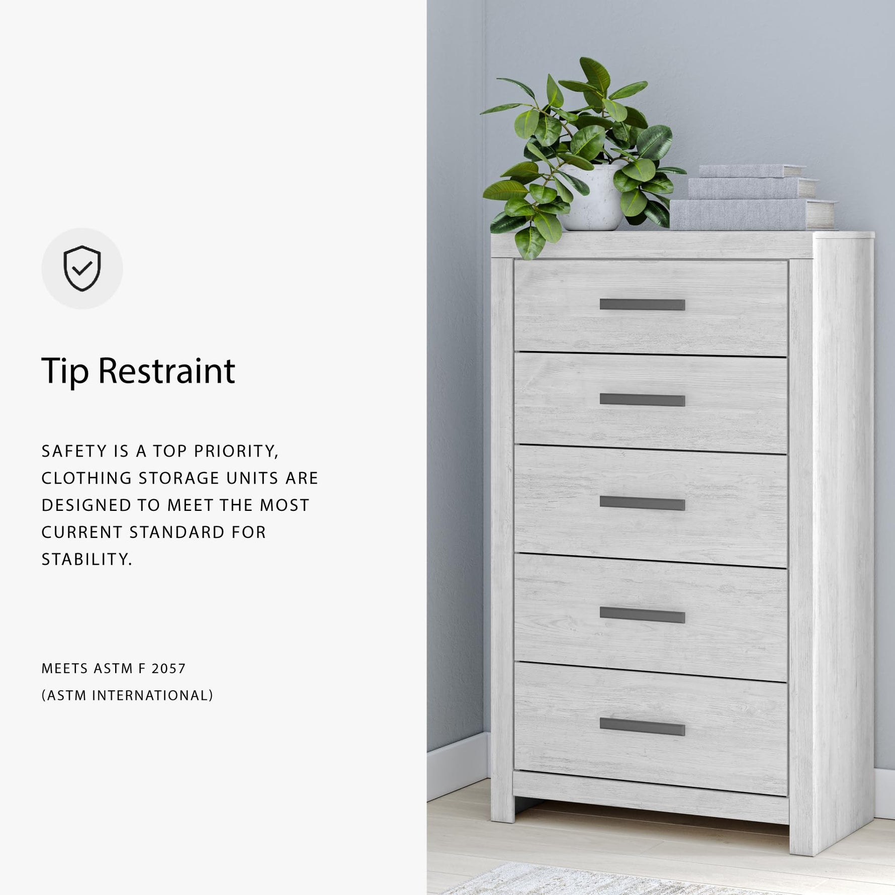 Signature Design by Ashley Cayboni Vintage 5 Drawer Wide Chest with Safety Stop for Bedroom, White