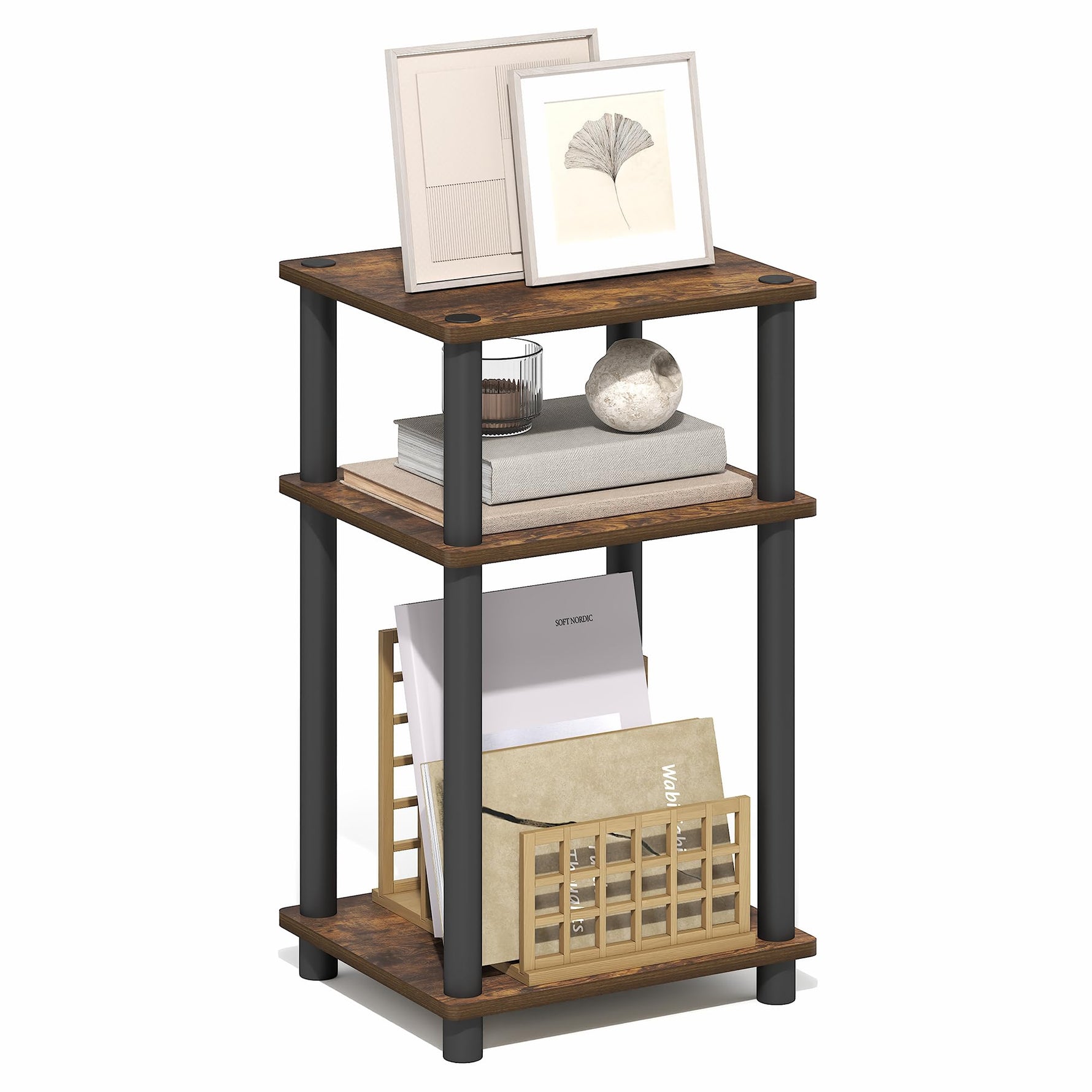 Furinno JUST Side Table, 3-Tier End Table, Open Shelves Night Stand, Bedside Table, Toolless Assembly, for Living Room, Bedroom, Bathroom, Columbia Walnut