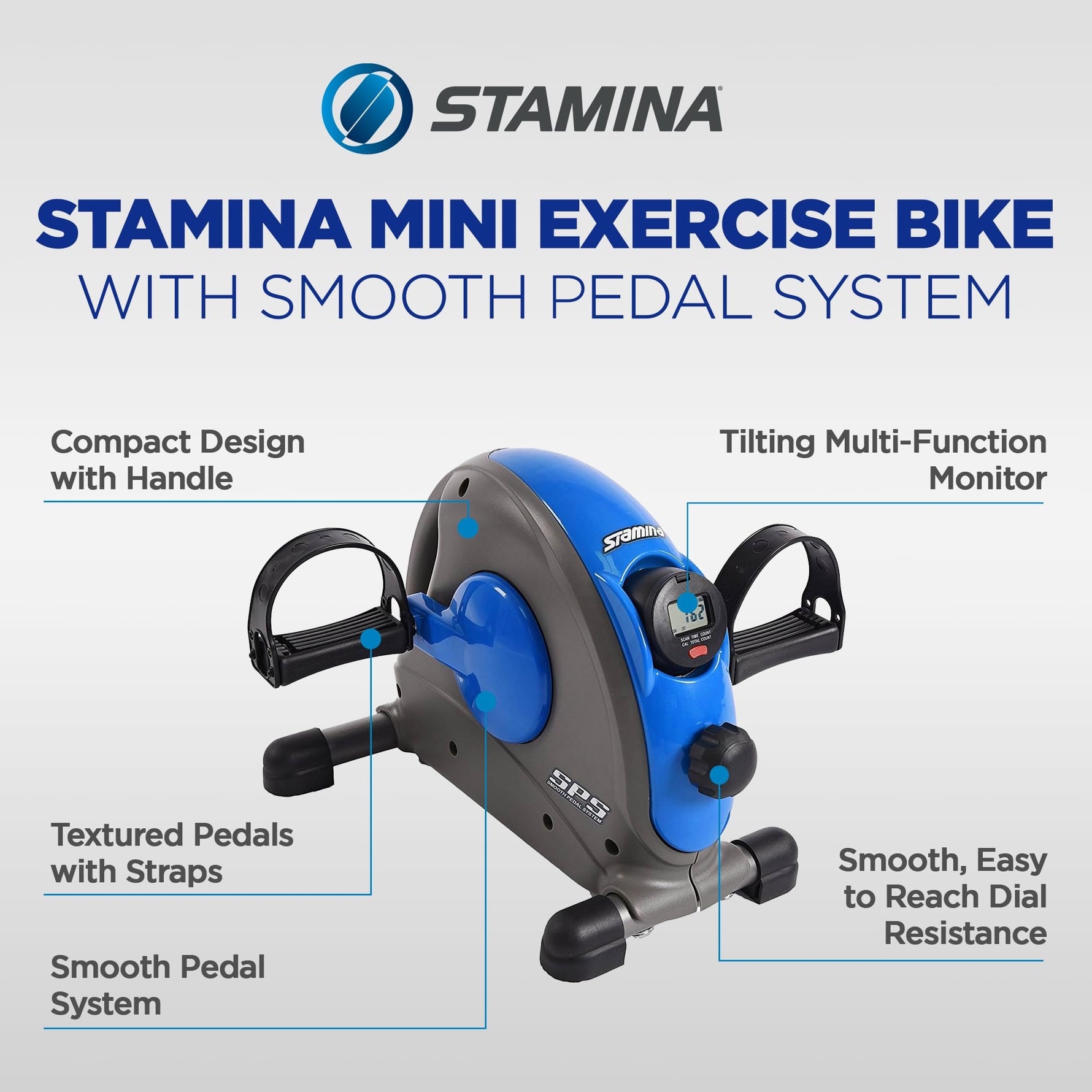 Stamina Mini Exercise Bike with Smooth Pedal System - Portable Pedal Exerciser - Cardio Equipment Fitness Bike - Stationary Bike for Home Workout - Blue