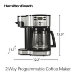 Hamilton Beach 2-Way Programmable Coffee Maker, 12 Cup Glass Carafe And Single Serve Coffee Maker, Black with Stainless Steel Accents, 49980RG