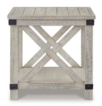 Signature Design by Ashley Aldwin Casual Farmhouse Rectangular End Table with Crossbuck Details, Metal Bracket Accents, Wood, 25" High, Weathered Gray