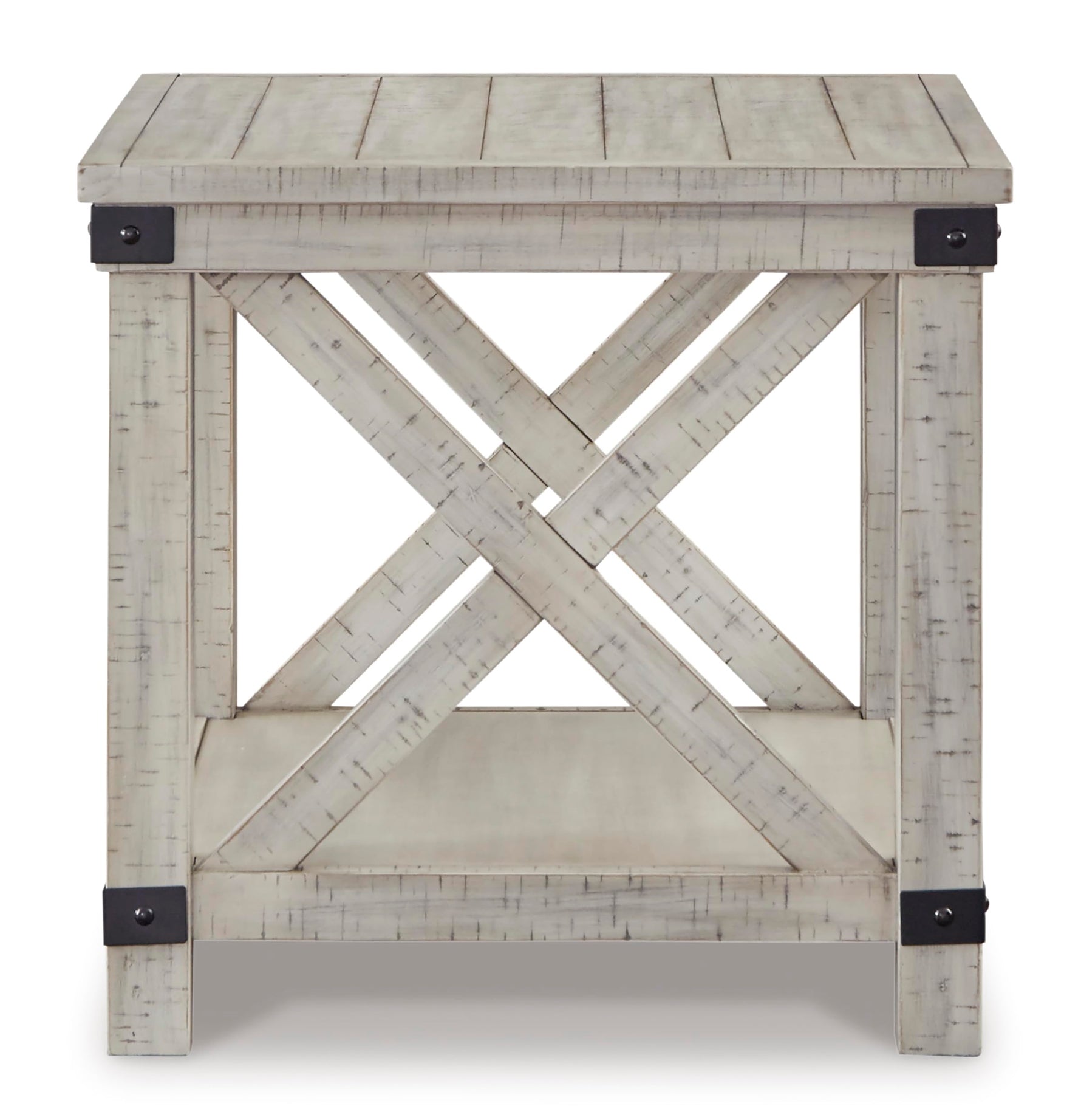 Signature Design by Ashley Aldwin Casual Farmhouse Rectangular End Table with Crossbuck Details, Metal Bracket Accents, Wood, 25" High, Weathered Gray