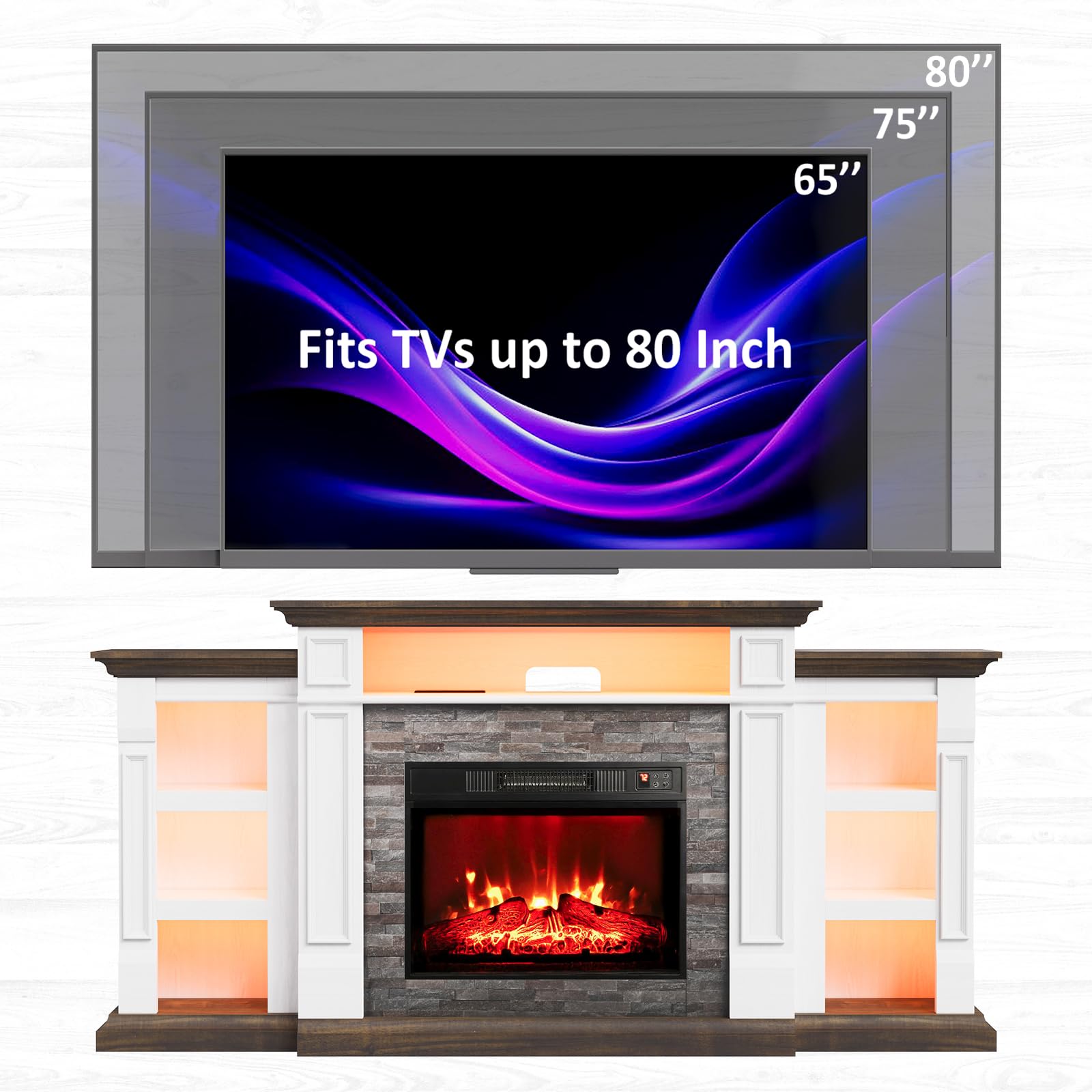 Naice 72" Electric Fireplace with Mantel and Cabinets, Fireplace TV Stand for Living Room Bedroom, Stacked Stone Surround and Remote Control 3D Realistic Flame, Black