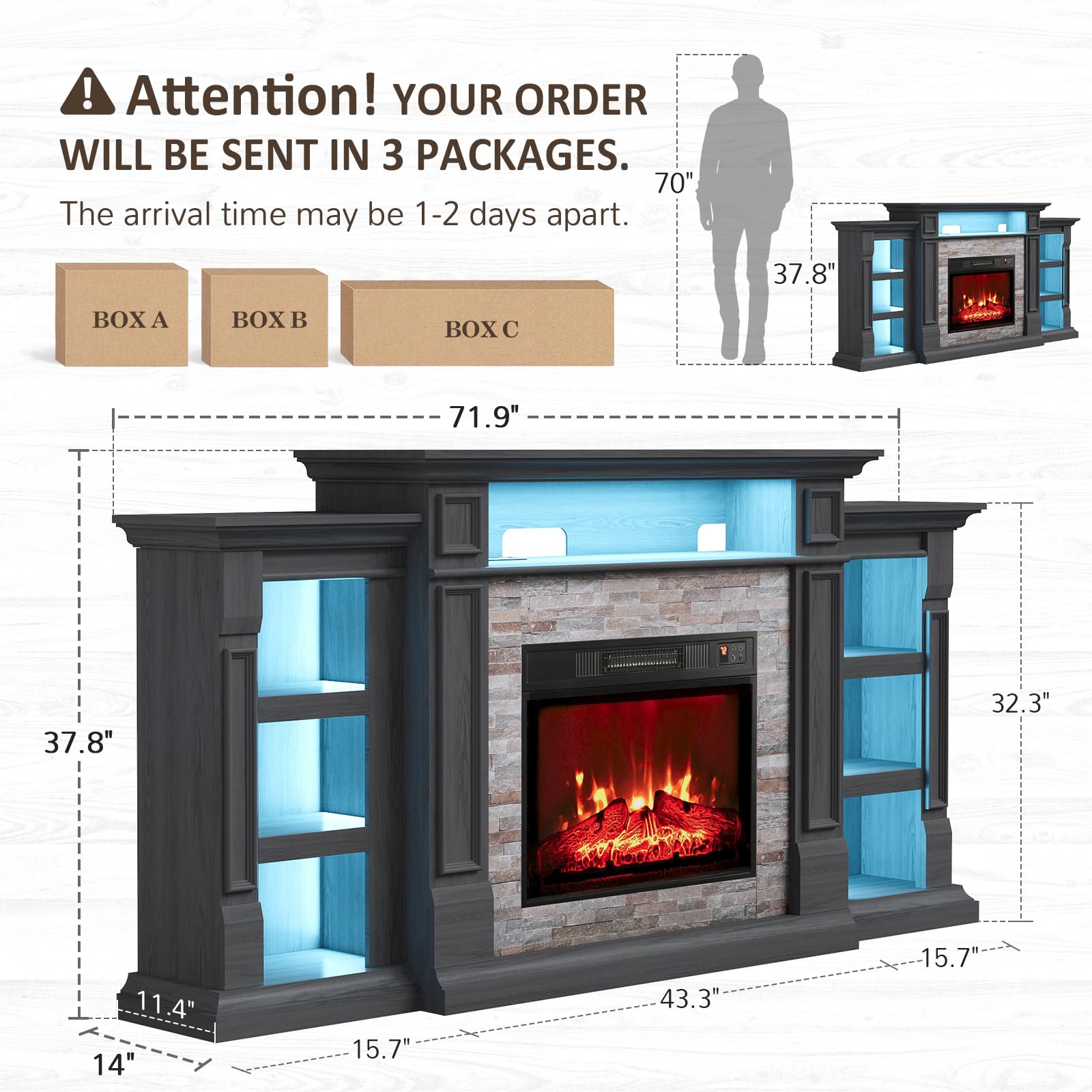 Naice 72" Electric Fireplace with Mantel and Cabinets, Fireplace TV Stand for Living Room Bedroom, Stacked Stone Surround and Remote Control 3D Realistic Flame, Black