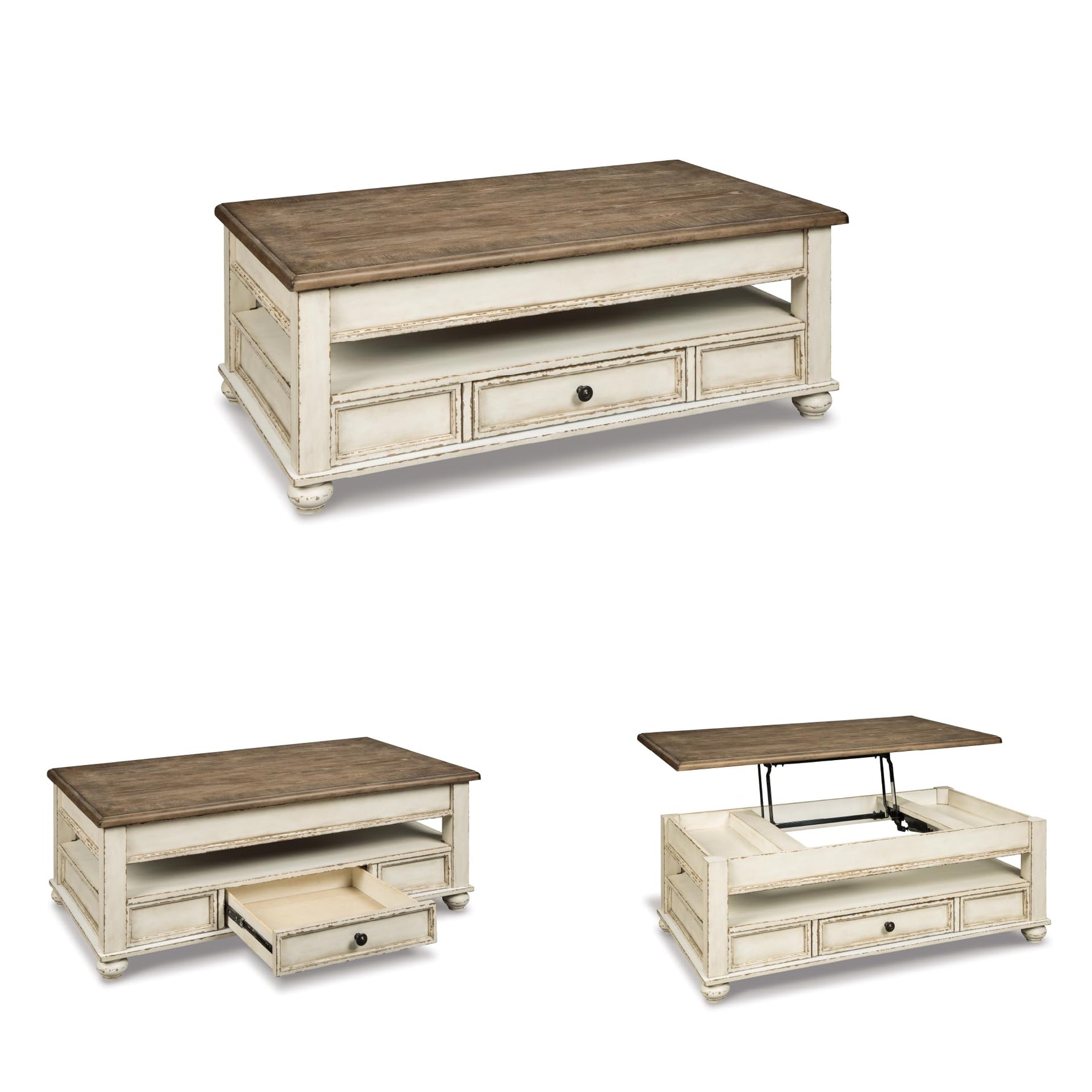 Signature Design by Ashley Realyn Vintage Farmhouse Rectangular Lift Top Coffee Table with Storage Drawer, White & Brown