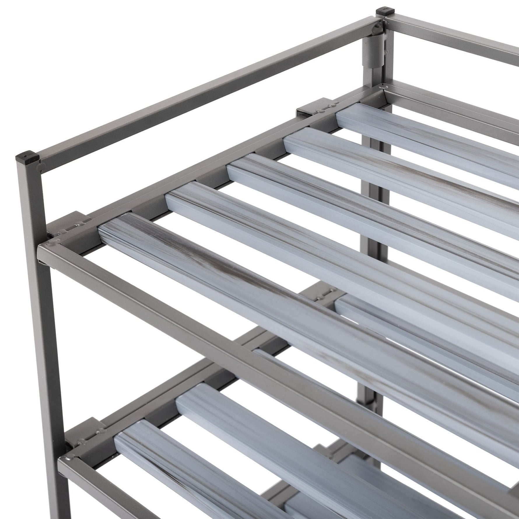 3-Tier Stackable 1" Slat Steel Frame Shoe Rack, 27.25"W x 12.75"D, Espresso | Interlocking modular design maximizes storage while the sturdy steel frame holds up to 12 pairs of shoes (Patented Design)