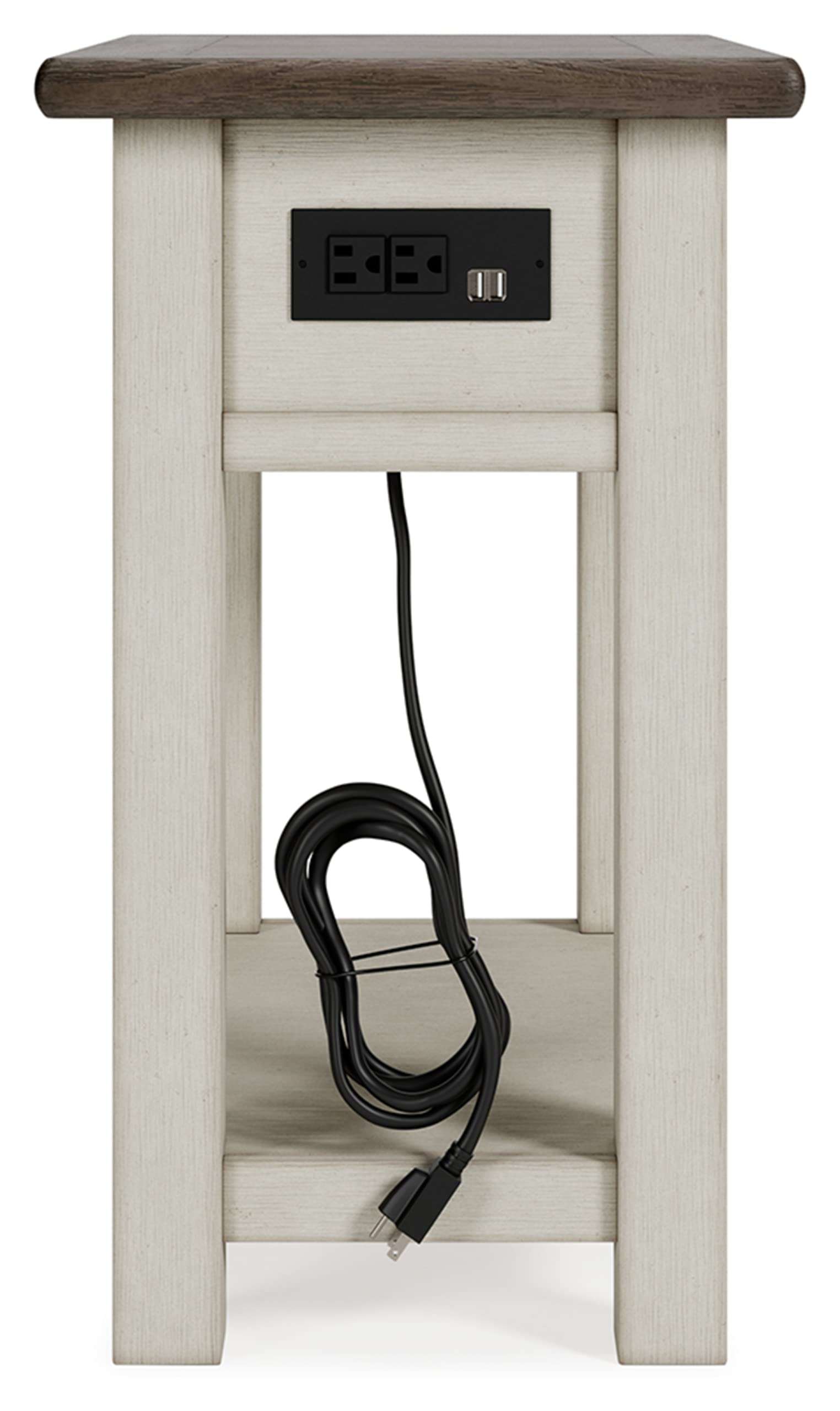 Signature Design by Ashley Bolanburg Chairside End Table With Charging Station, Two-Tone Wood Accent Table With Drawer Storage, Plank Top Design for Living Room or Bedroom, Antique White