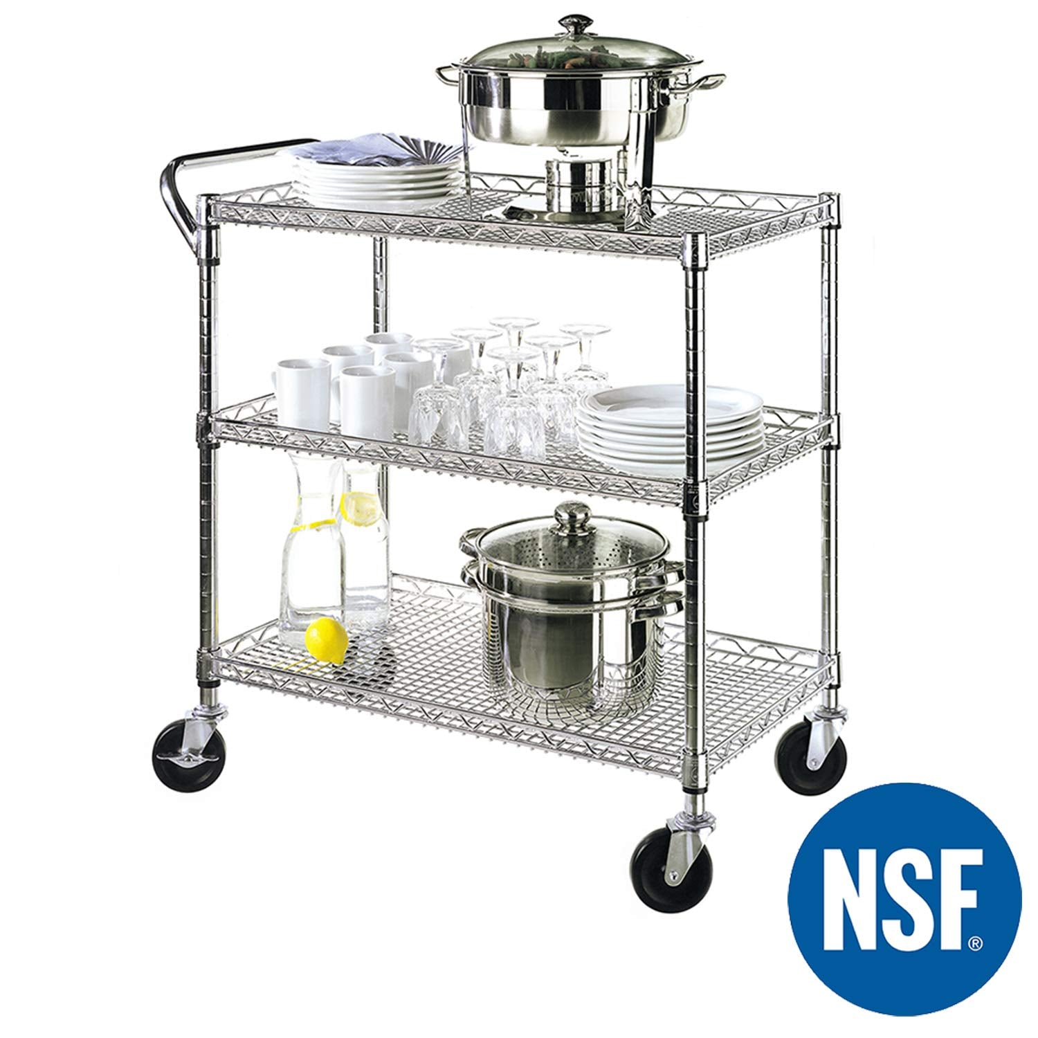 Seville Classics UltraDurable NSF Commercial Heavy Duty Metal Rolling Utility Cart, w/ Steel Shelves, Handle Bar for Restaurant, Garage, Warehouse, Kitchen, Office, Top Shelf (36"W x 18"D)