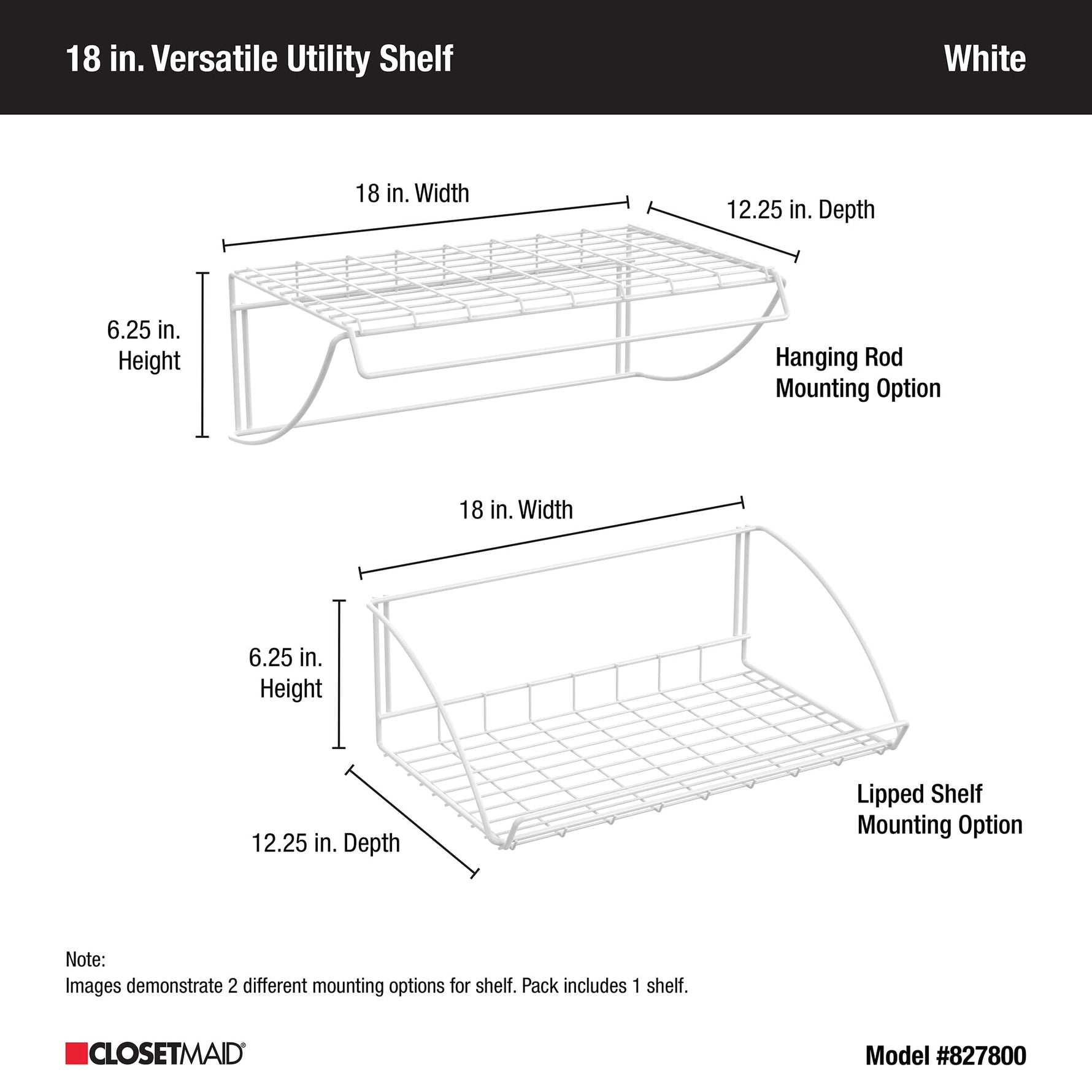 ClosetMaid 8278 18-Inch Wide Laundry Utility Hanger Shelf, White