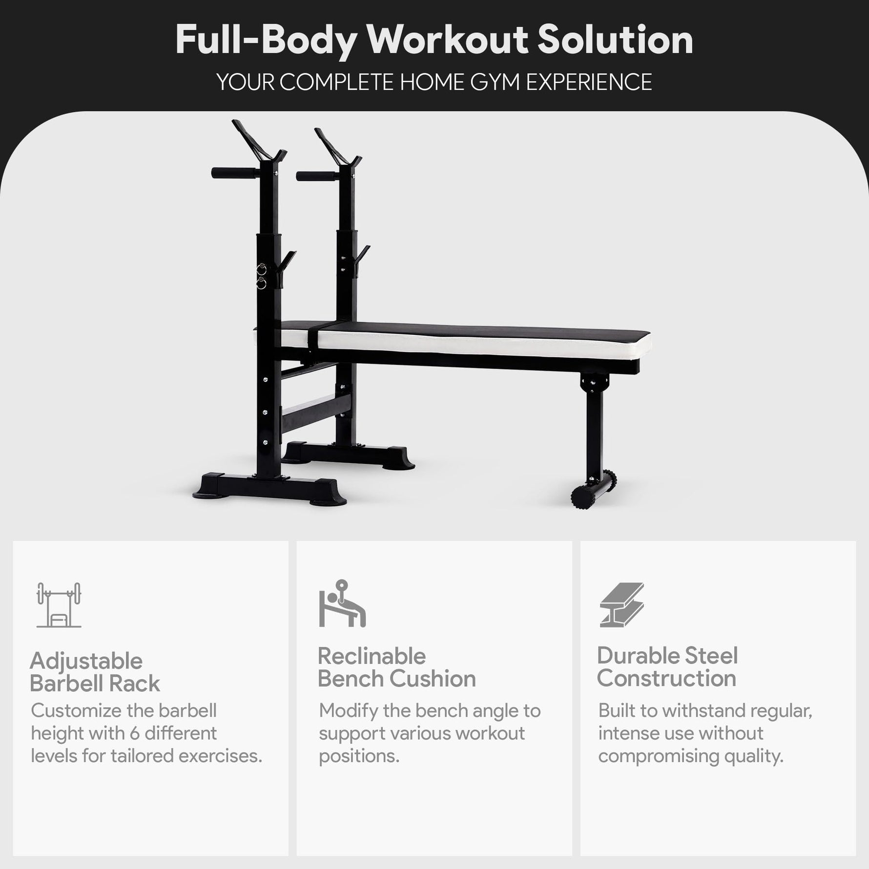 BalanceFrom Steel Weight Bench with Squat Rack, Adjustable Seat, and Recliner – Foldable Home Gym Equipment with 6-Position Barbell Holder and Leg Developer, 400 Pound User Capacity