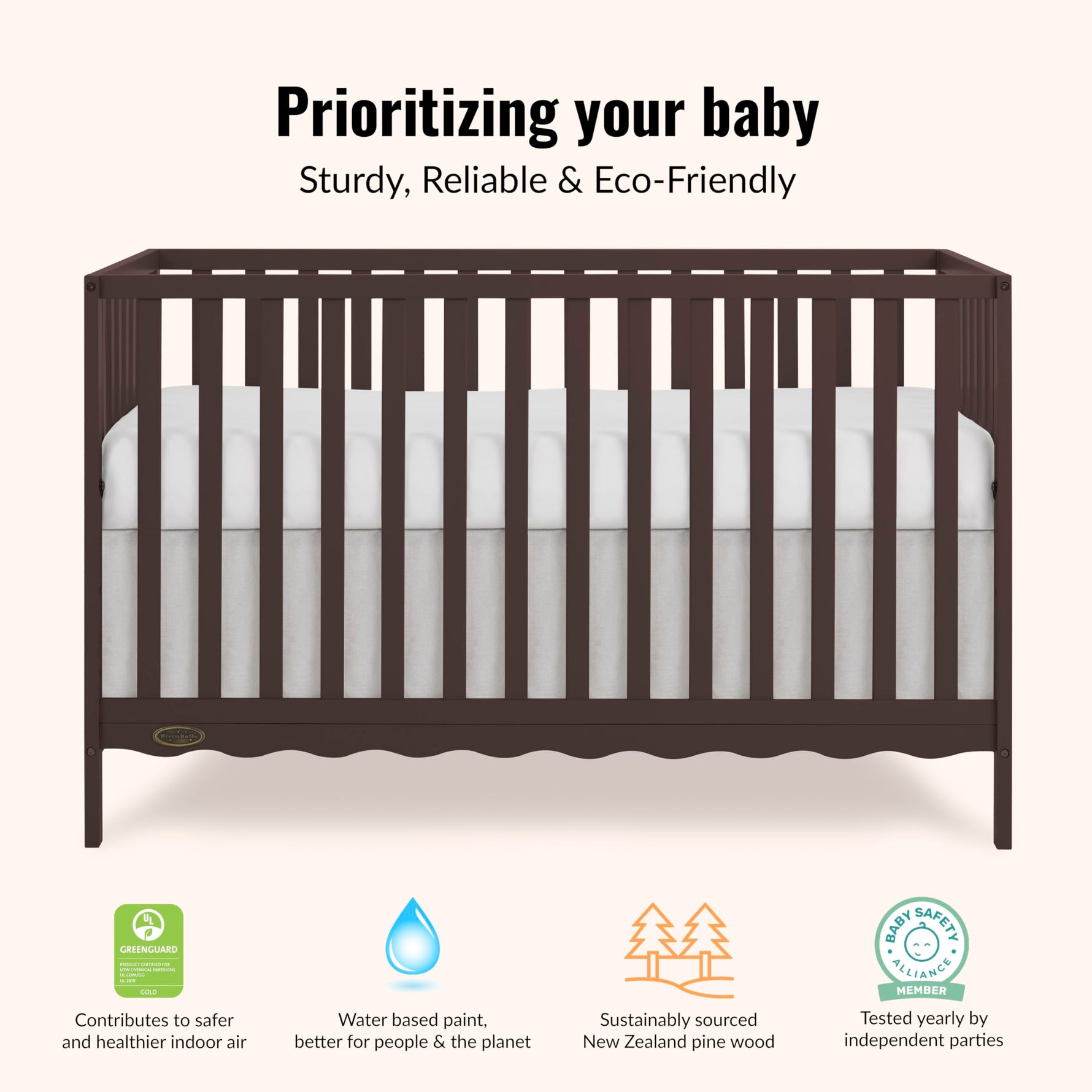 Dream On Me Synergy 5-in-1 Convertible Full-Size Baby Crib with Toddler, Day & Full Bed Conversion in White, GreenGuard Gold & BSA, 3 Mattress Heights, Sustainable Pinewood