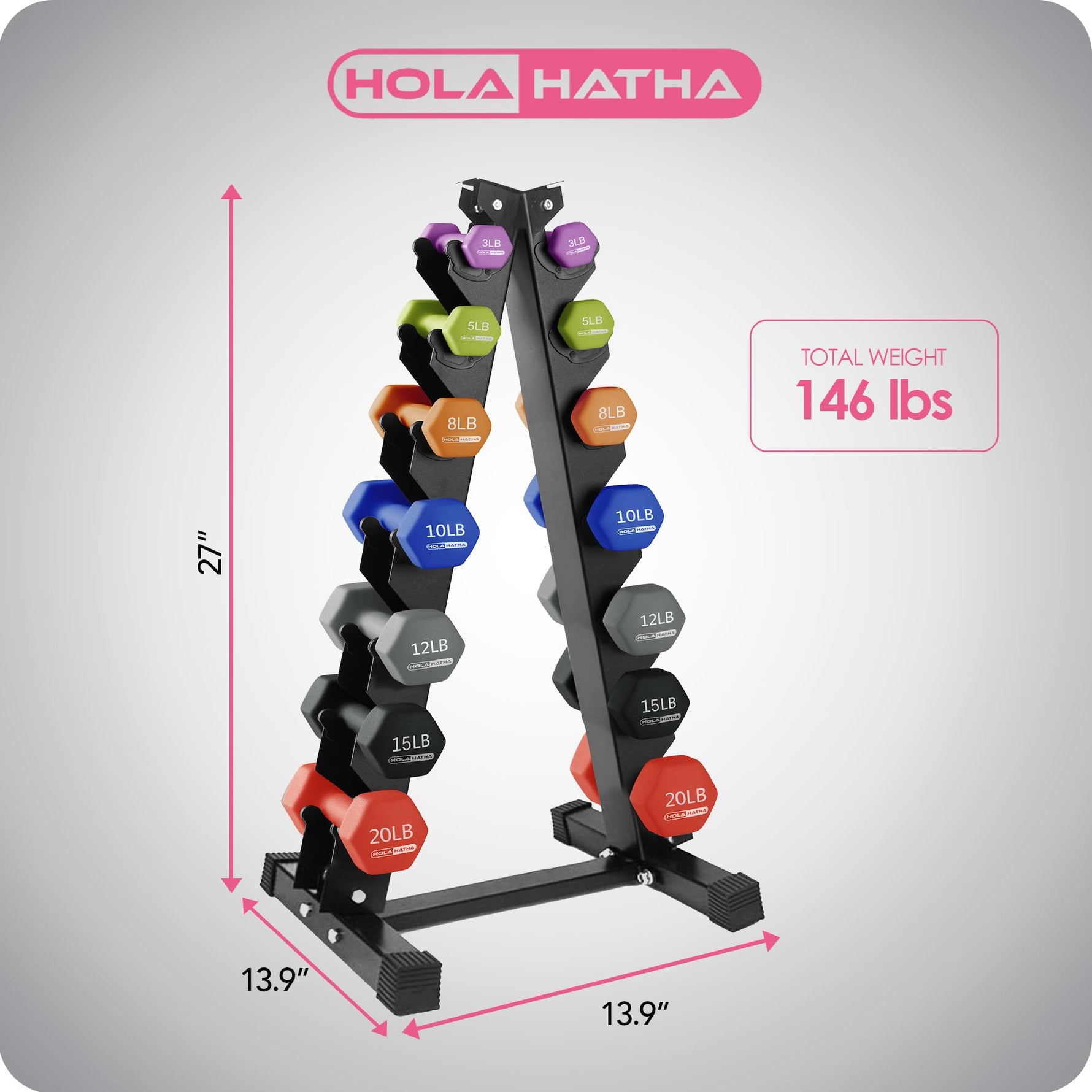 HolaHatha Neoprene Dumbbell Weights Set w/ Rack, Home Gym Equipment, 146 Lbs, Multicolor - Portable Weighted Exercise Dumbbells for Fitness, Training, and Lifting Workouts