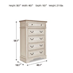 Signature Design by Ashley Realyn French Country 5 Drawer Chest, Tipover Restraint Device, 2-tone Finish, Wood, 40.13" W x 18.13" D x 58.13" H, Chipped White