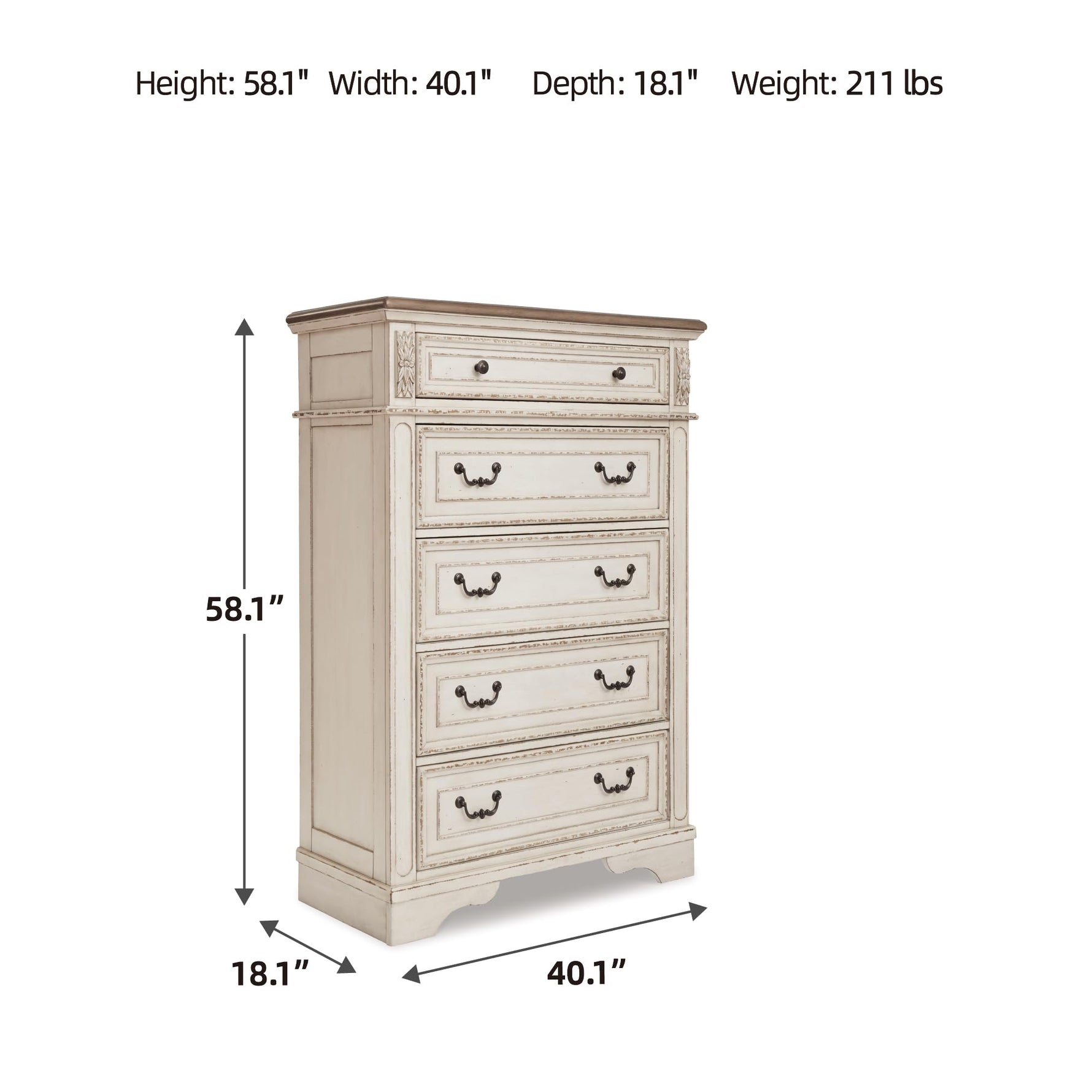 Signature Design by Ashley Realyn French Country 5 Drawer Chest, Tipover Restraint Device, 2-tone Finish, Wood, 40.13" W x 18.13" D x 58.13" H, Chipped White