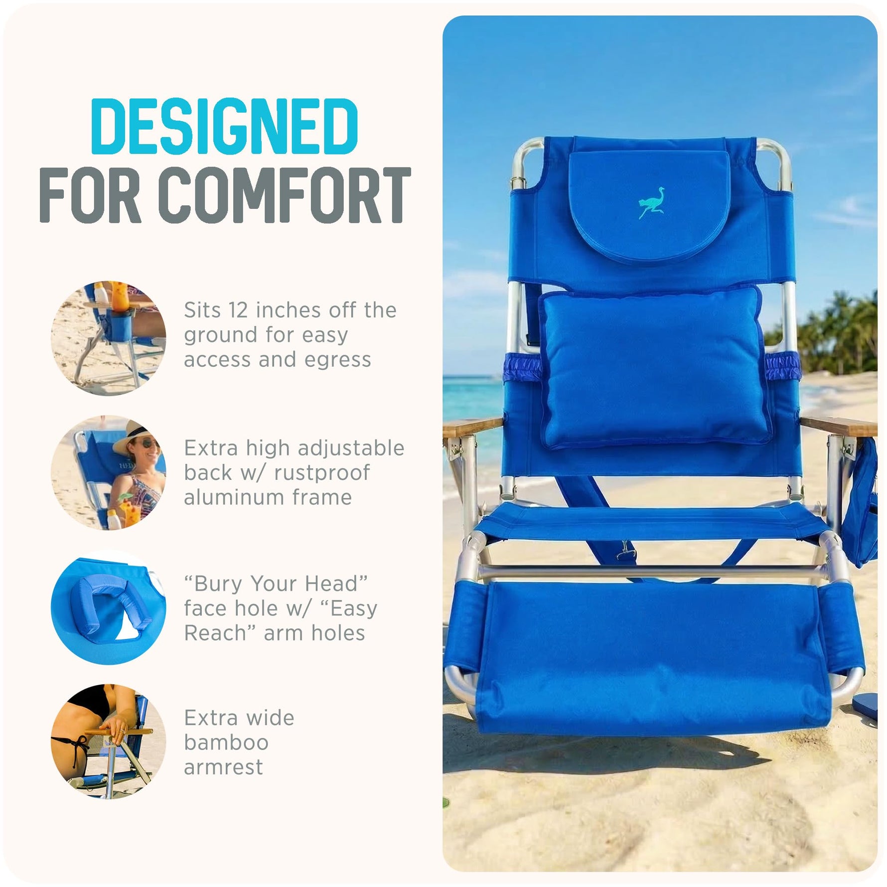 Ostrich the Deluxe 3N1 Lightweight Lawn Beach Reclining Lounge Chair with Footrest, Outdoor Furniture for Patio, Balcony, Backyard, or Porch, Blue