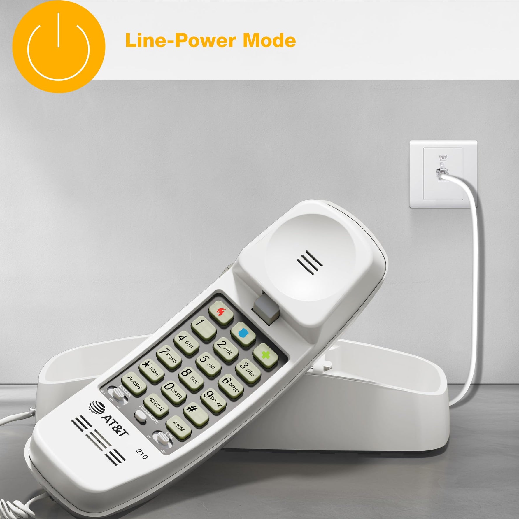 AT&T 210 Basic Trimline Corded Phone, No AC Power Required, Wall-Mountable, White