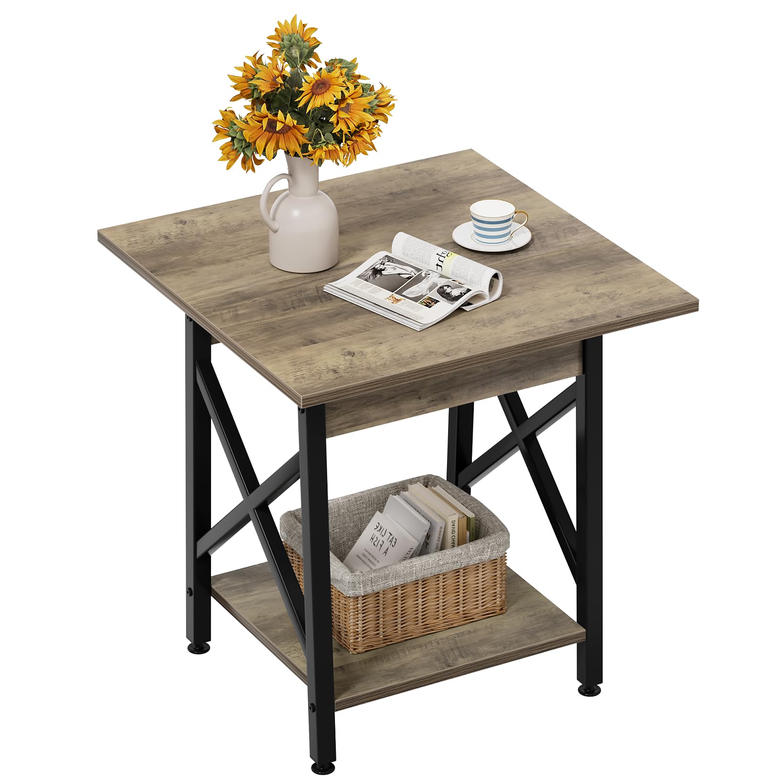 GreenForest End Table 24 inch for Living Room, Large Square Side Tables with X-Frame, Tall Industrial Bedside Nightstand with 2-Tier Storage, Rustic Walnut