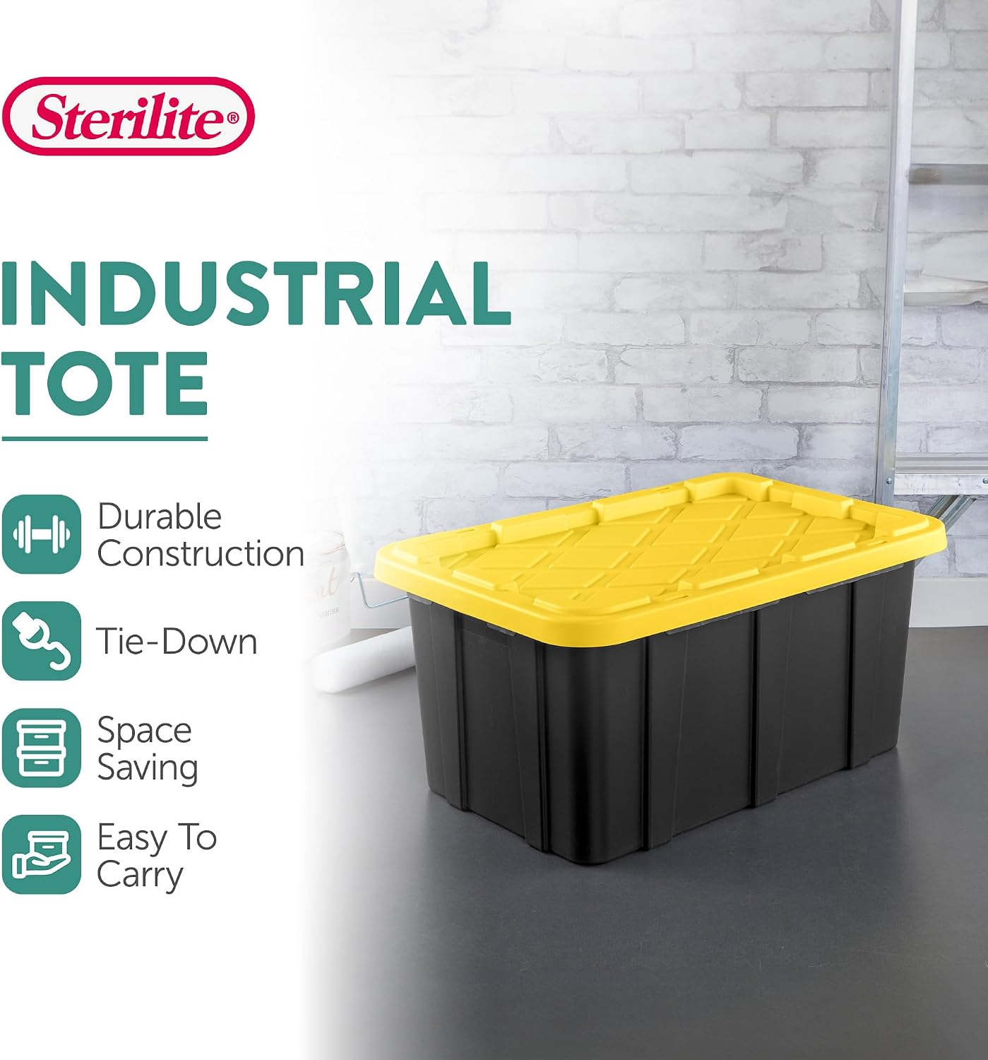 Sterilite Industrial Storage Tote with Lids for Garage, 27 Gallon, 4-Pack | Heavy-Duty and Stackable Utility Box Containers for Home, Office, and Basement Organization, Black/Yellow