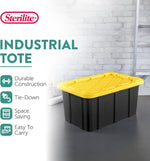 Sterilite Industrial Storage Tote with Lids for Garage, 27 Gallon, 4-Pack | Heavy-Duty and Stackable Utility Box Containers for Home, Office, and Basement Organization, Black/Yellow