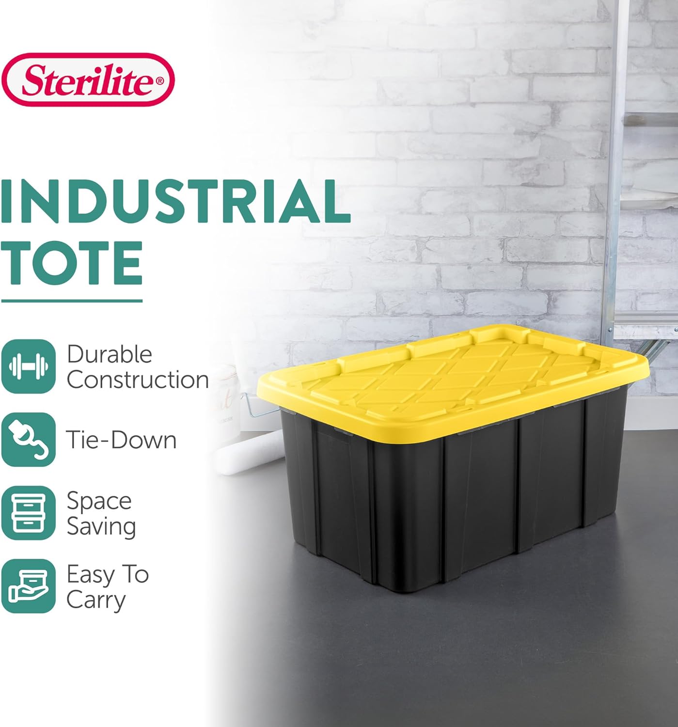 Sterilite Industrial Storage Tote with Lids for Garage, 27 Gallon, 4-Pack | Heavy-Duty and Stackable Utility Box Containers for Home, Office, and Basement Organization, Black/Yellow
