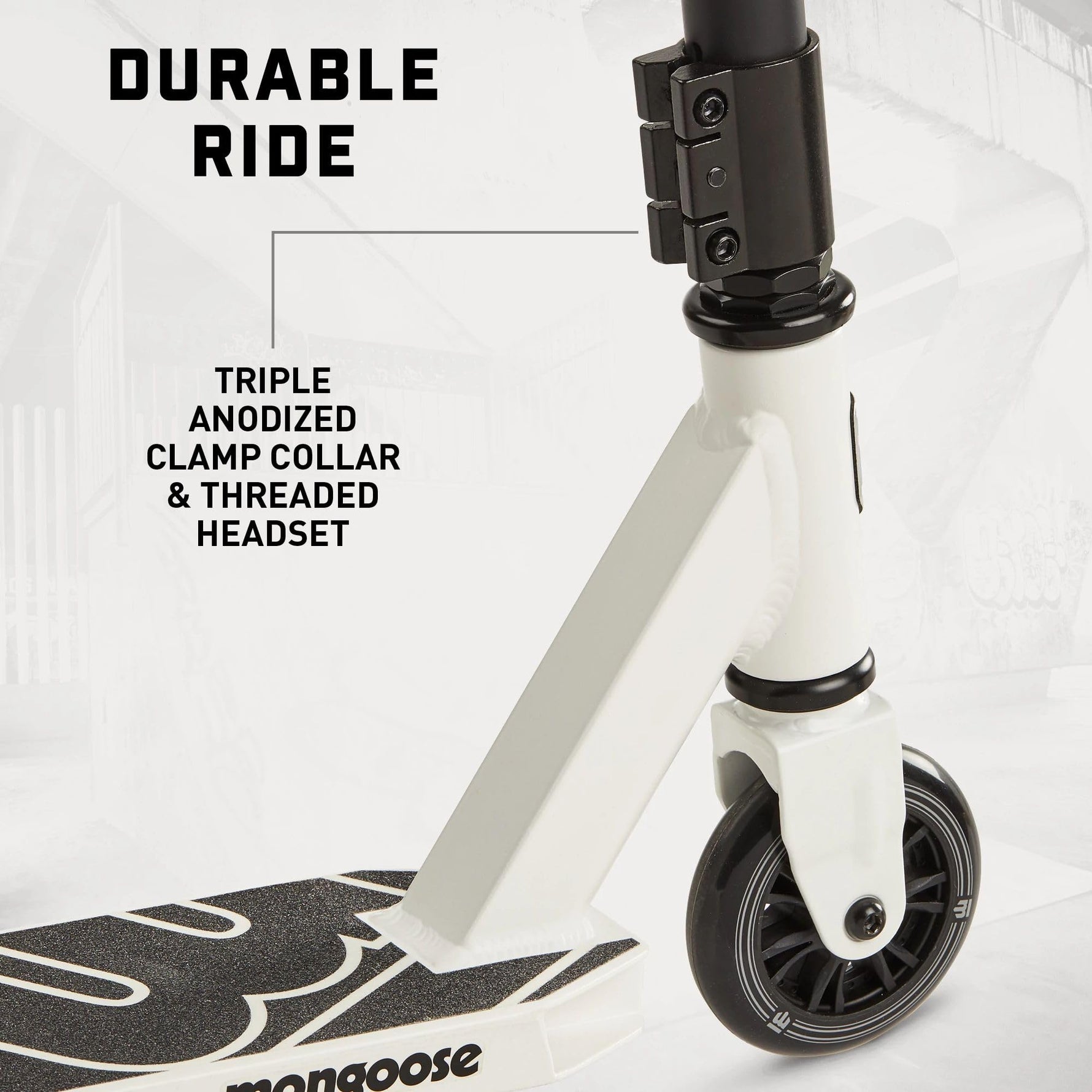 Mongoose Rise 100 Freestyle Stunt Trick Scooter, Lightweight Alloy Deck & Heavy-Duty Frame Up to 220 lbs., Bike-Style Grip, High Impact 100mm Wheels, White/Red