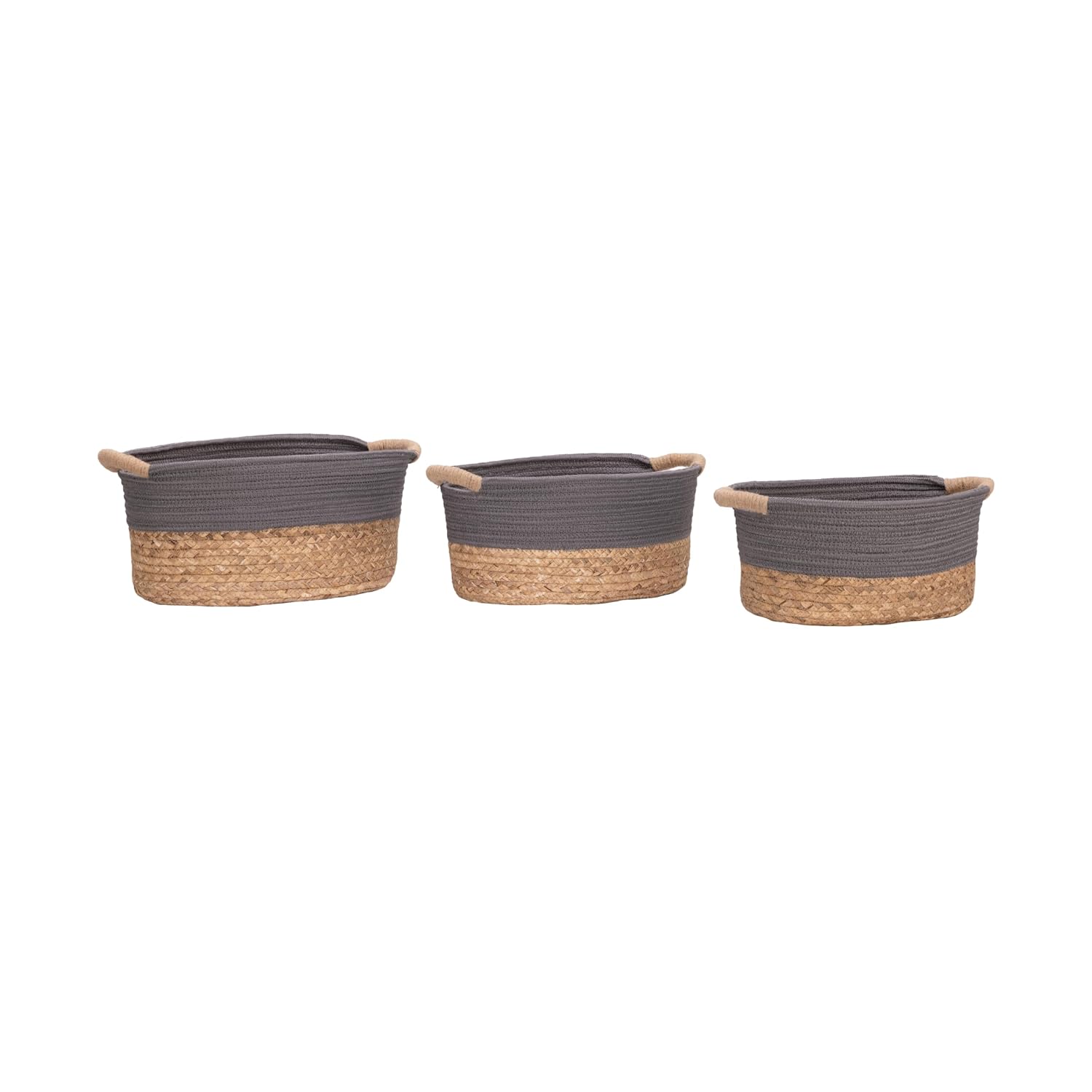 Seville Classics Premium Natural Handwoven Portable Laundry Bin Basket with Carrying Handles, Household Storage for Clothes, Linens, Sheets, Natural Water Hyacinth and Gray Rope, 3 Piece Set