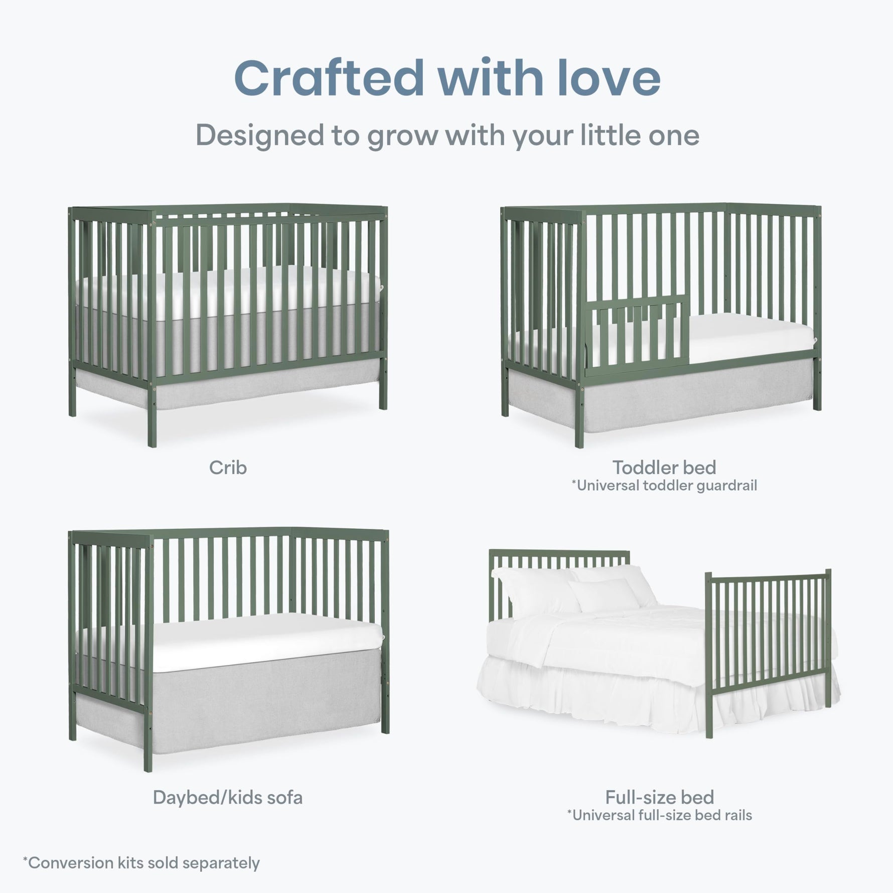 Dream On Me Synergy 5-in-1 Convertible Full-Size Baby Crib with Toddler, Day & Full Bed Conversion in White, GreenGuard Gold & BSA, 3 Mattress Heights, Sustainable Pinewood