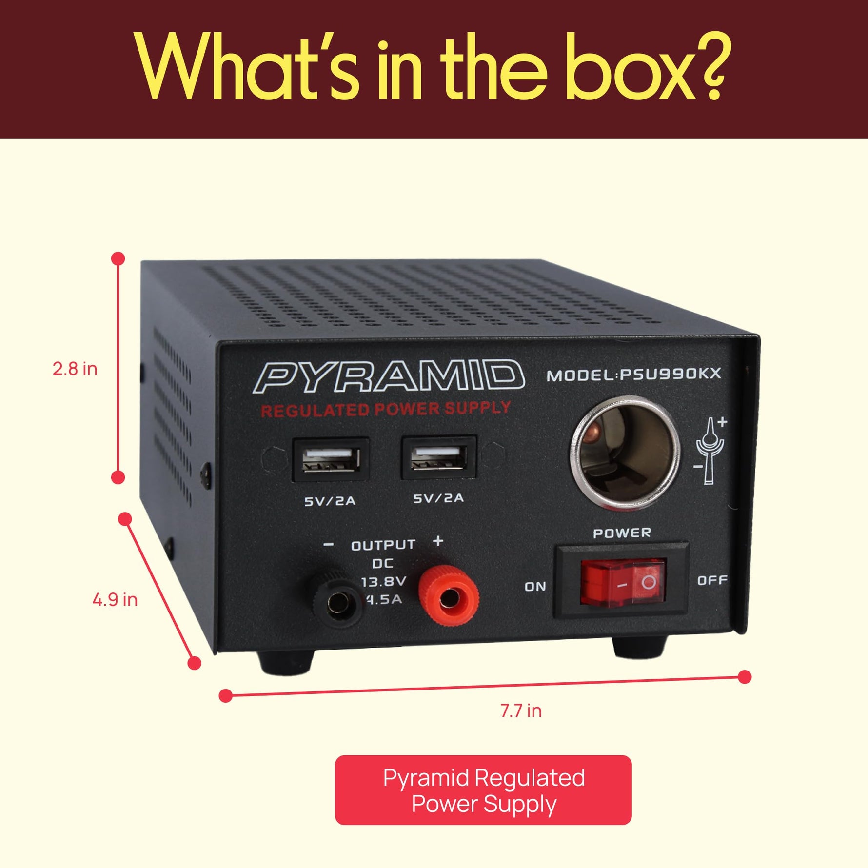 Universal Compact Bench Power Supply - 7 Amp Regulated Home Lab Benchtop AC-Dc Converter Power Supply for CB Radio, HAM W/ 13.8 Volt Dc 120V AC Supply, Dual USB, Cigarette Lighter - Pyramid PSU990KX