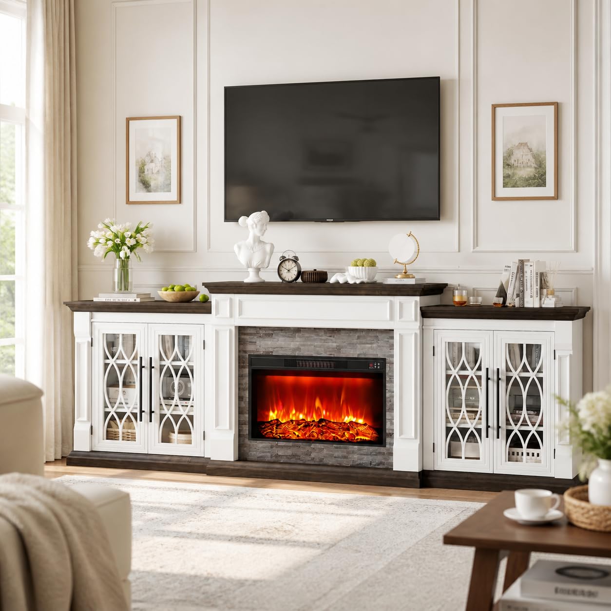 Naice 72" Electric Fireplace with Mantel and Cabinets, Fireplace TV Stand for Living Room Bedroom, Stacked Stone Surround and Remote Control 3D Realistic Flame, Black