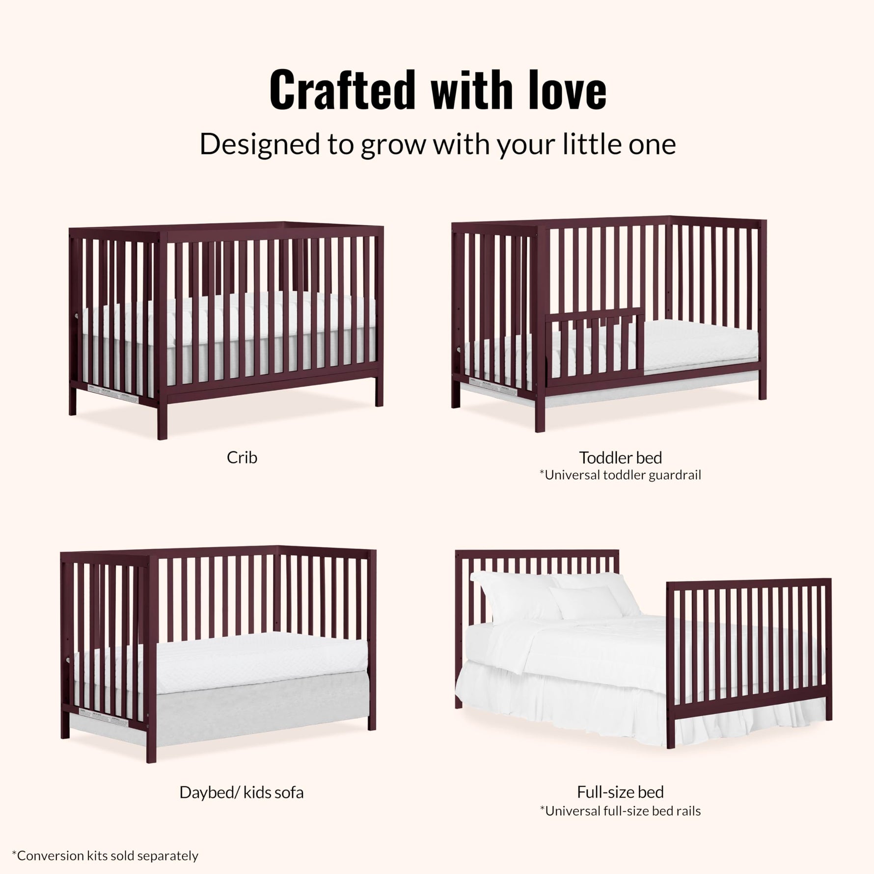 Dream On Me Synergy 5-in-1 Convertible Full-Size Baby Crib with Toddler, Day & Full Bed Conversion in White, GreenGuard Gold & BSA, 3 Mattress Heights, Sustainable Pinewood