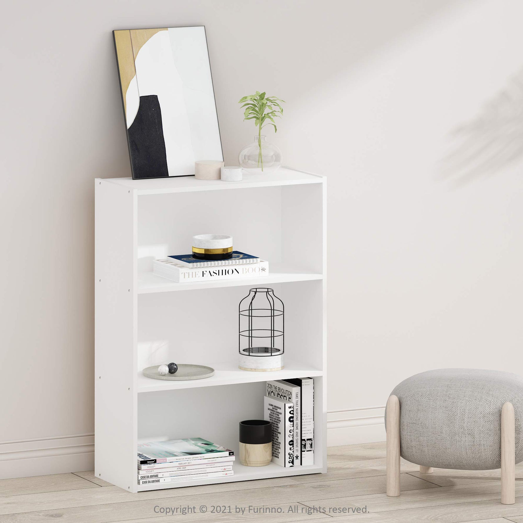 Furinno PASIR Book Shelf, 3-Tier Bookshelf, Storage Shelves Bookcase, 9.7 x 23.7 x 31.5, for Living Room, Bedroom, Home Office, Plain White