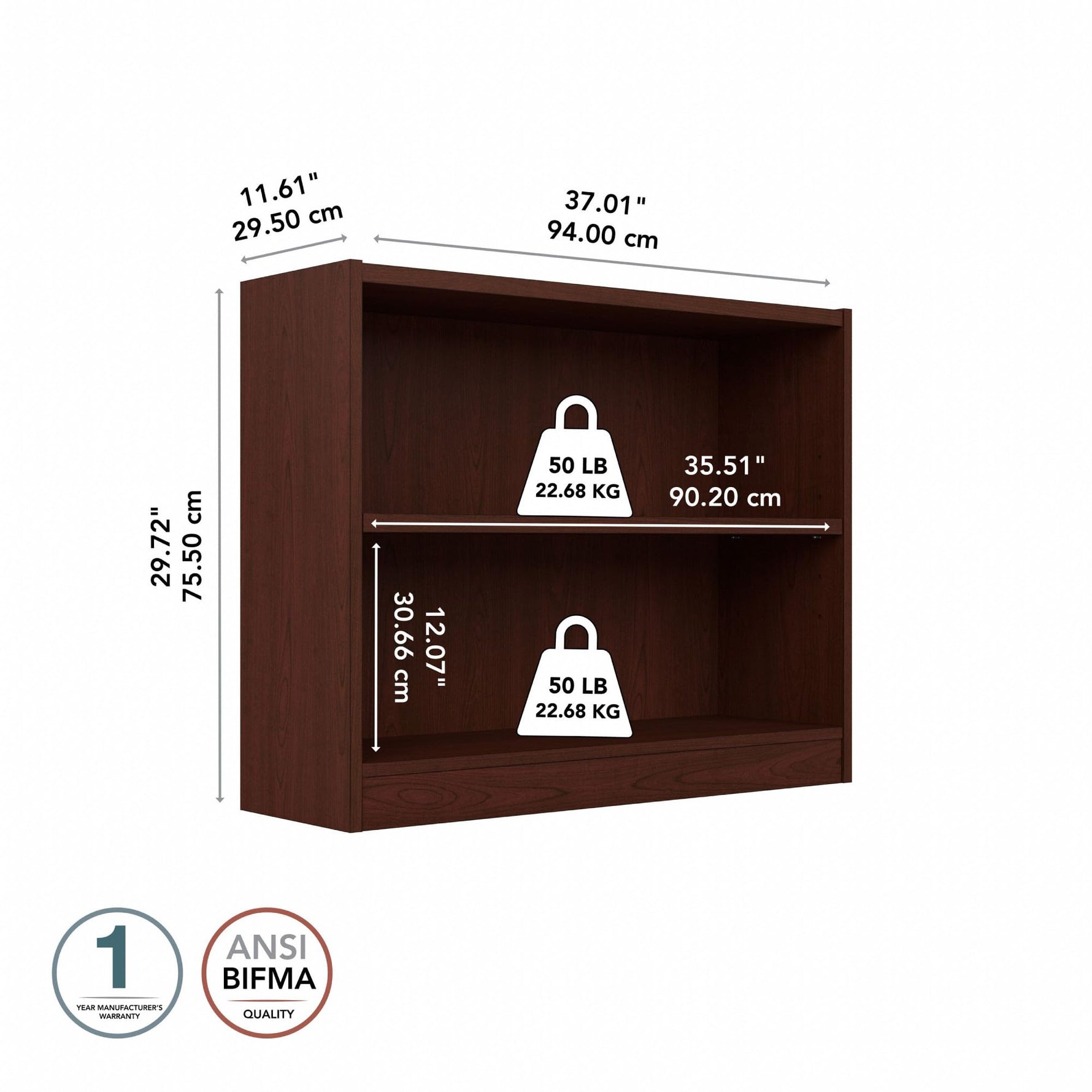 Bush Home Universal Small 2 Shelf Bookcase in Black, Low Storage and Display Bookshelf for Home Office or Living Room Organization