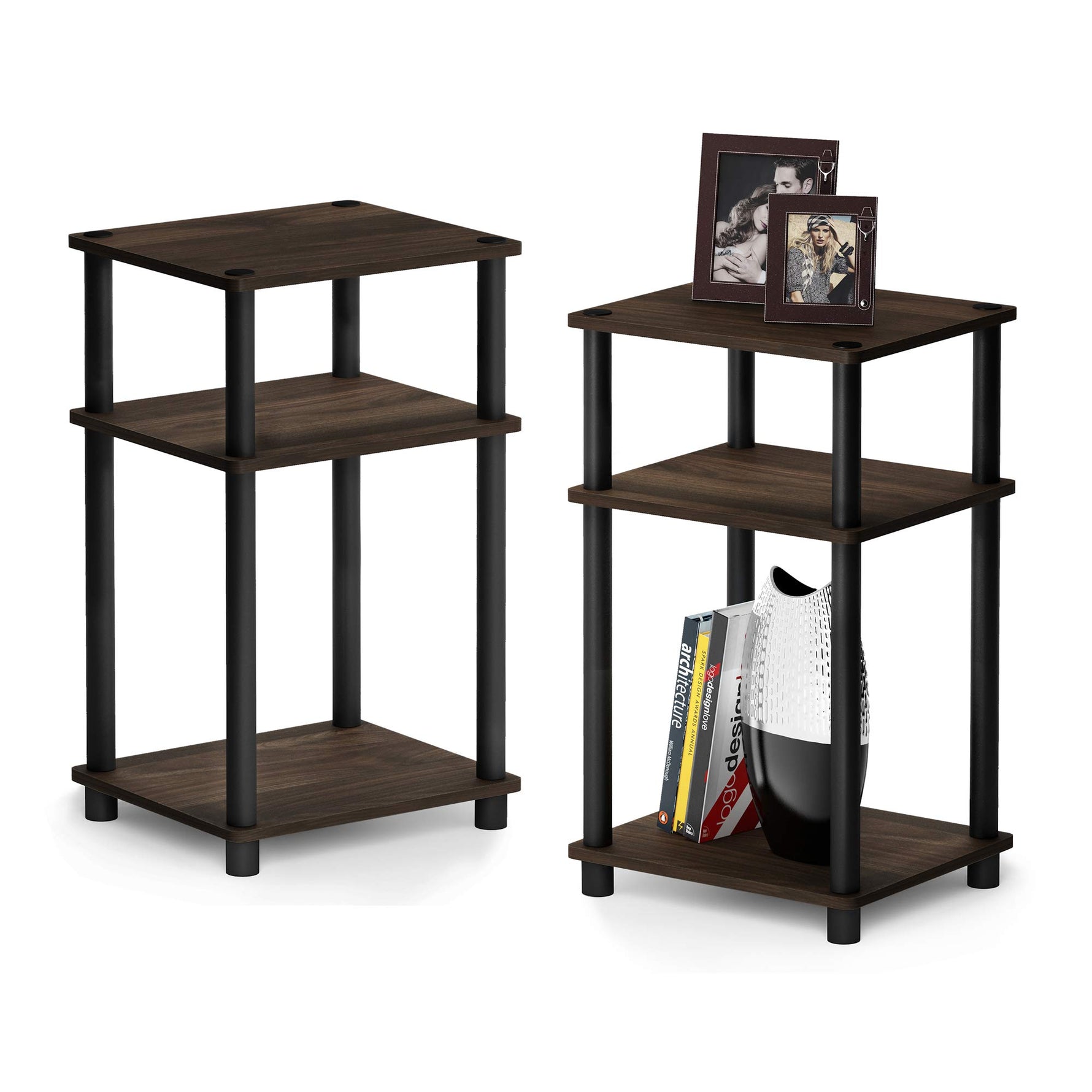 Furinno JUST Side Table, 3-Tier End Table, Open Shelves Night Stand, Bedside Table, Toolless Assembly, for Living Room, Bedroom, Bathroom, Columbia Walnut