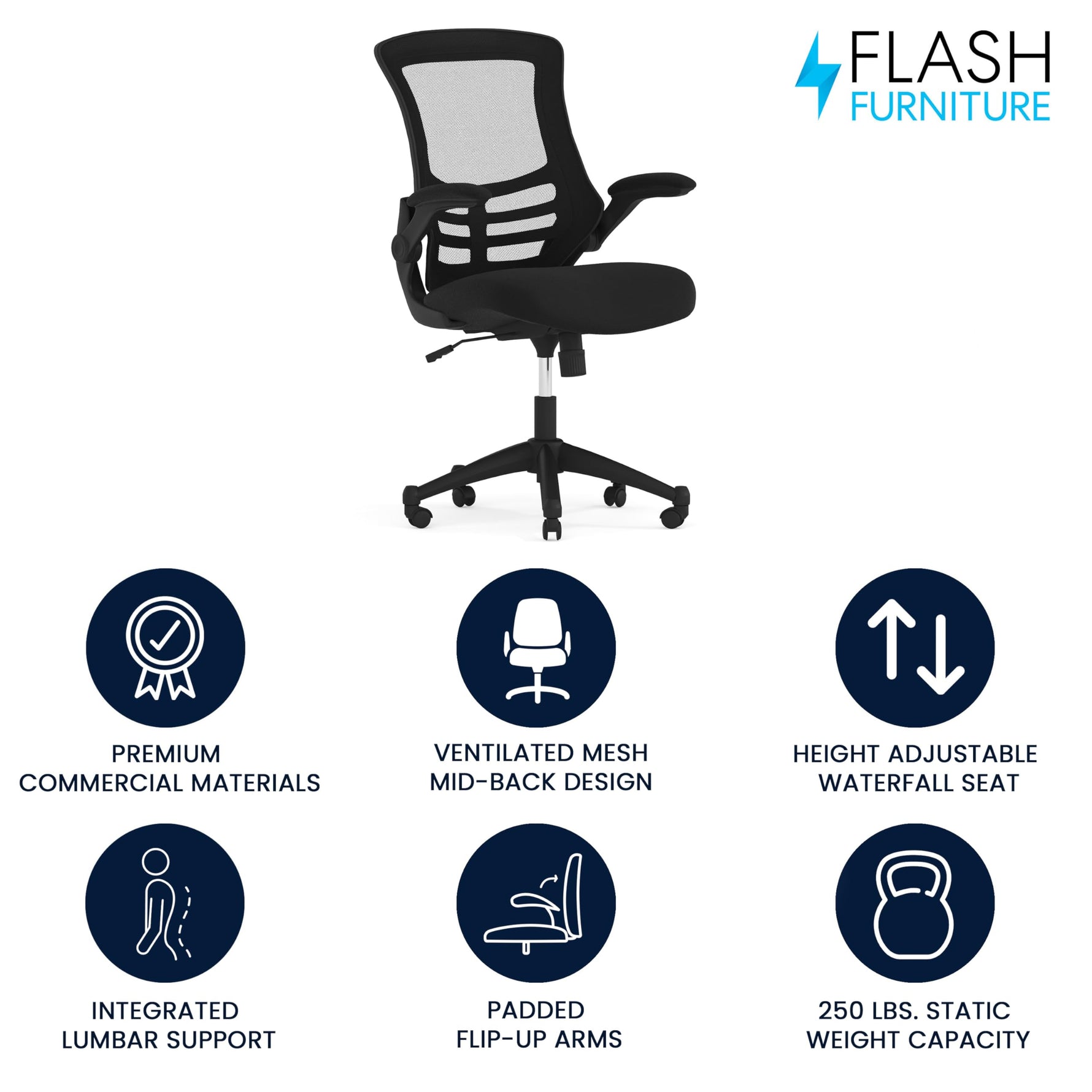 Flash Furniture Kelista Mid-Back Swivel Office Chair with Adjustable Seat Height, Ergonomic Mesh Desk Chair with Flip-Up Armrests, Black